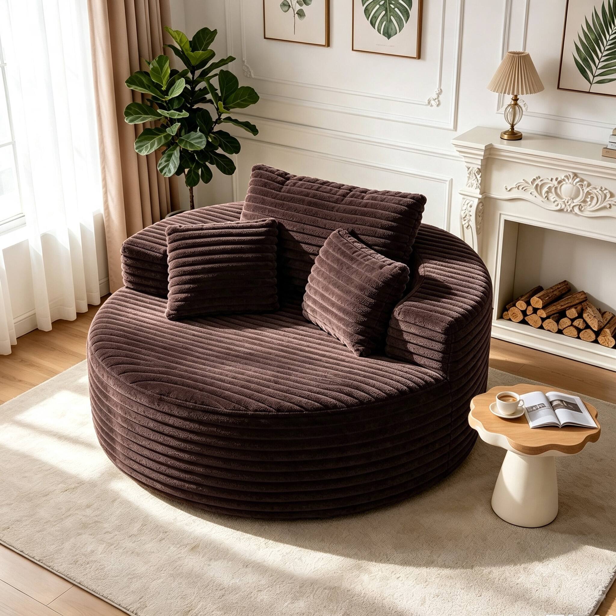 Angle. Electra Tech Xpress - 55"Oversized Round Chaise Longue Chair, Boneless Chair, No Assembly Required - Brown.