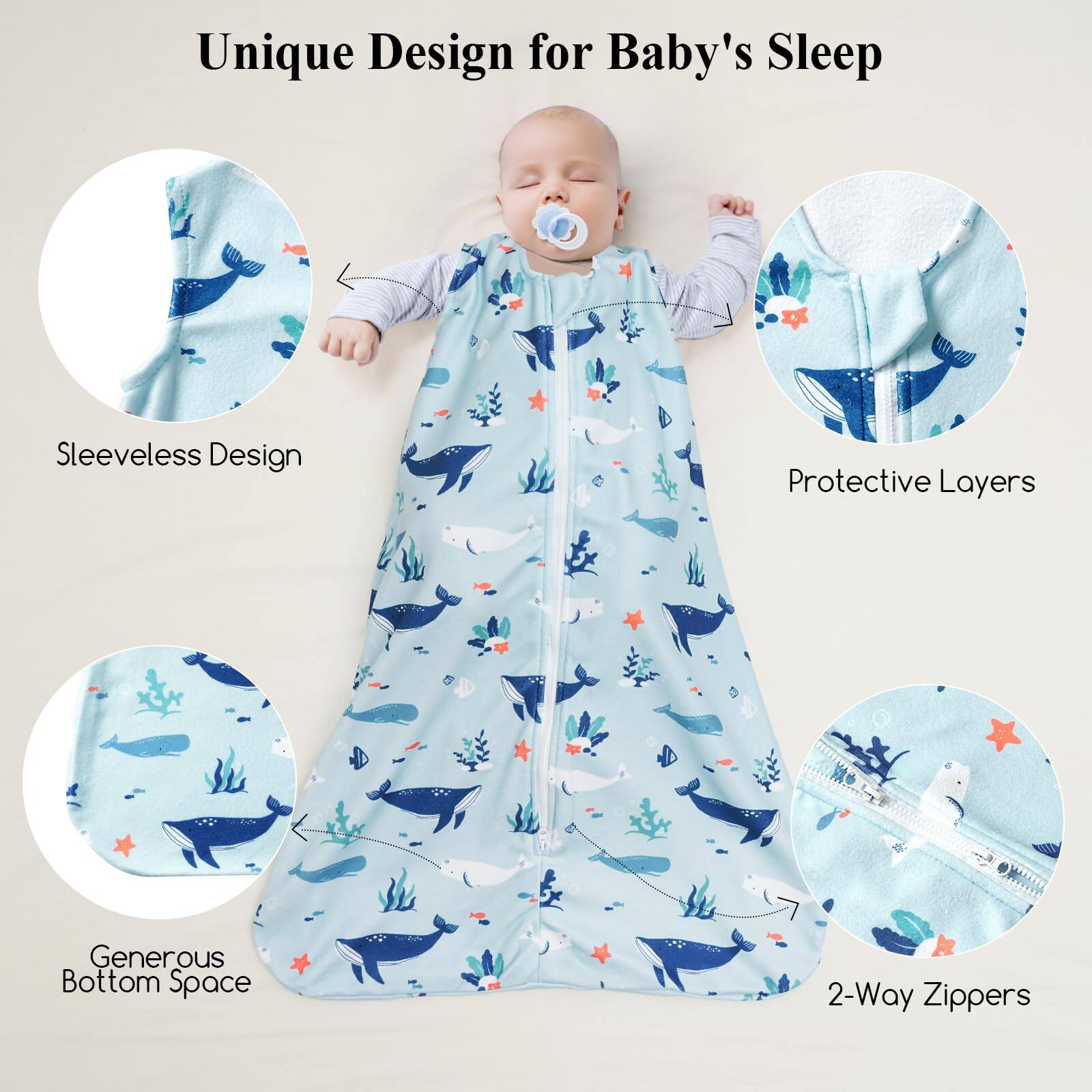 Unique Design for Baby's Sleep

- Sleeveless Design
- Protective Layers
- Generous Bottom Space
- 2-Way Zippers