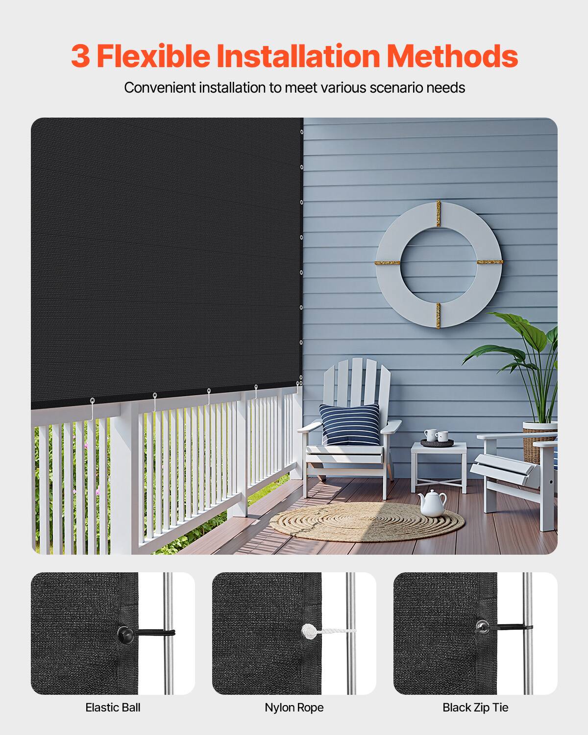 3 Flexible Installation Methods  
Convenient installation to meet various scenario needs  

Elastic Ball  
Nylon Rope  
Black Zip Tie