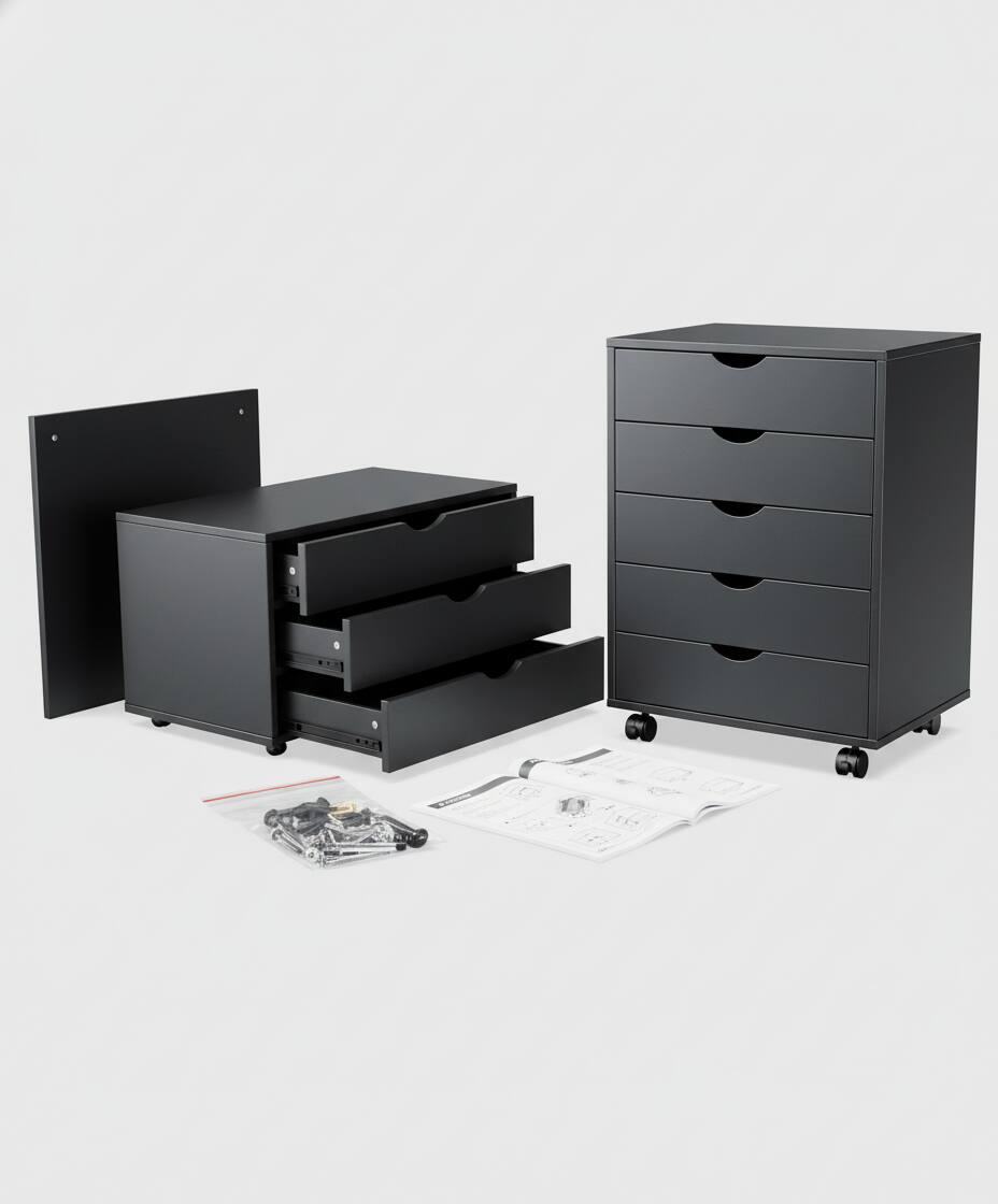 Alt View 1. AOITUN - Dark Black Wood 5-Drawer Chest - Rolling Dresser with Drawers for Bedroom & Office - Black.