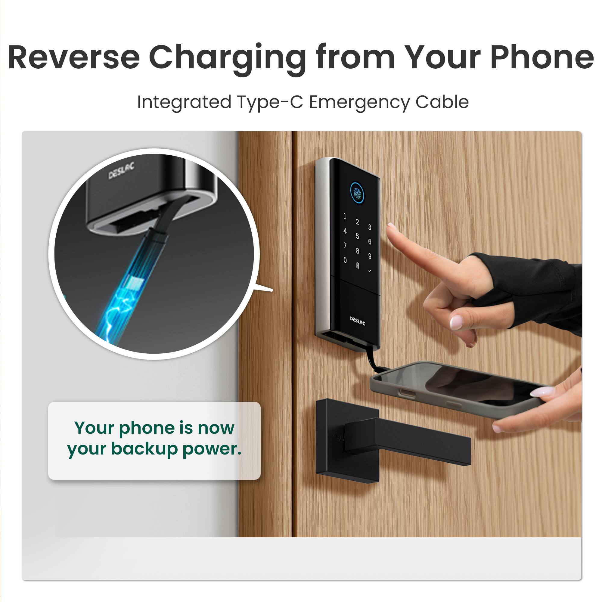Reverse Charging from Your Phone  
Integrated Type-C Emergency Cable  

DESLAC  

Your phone is now your backup power.