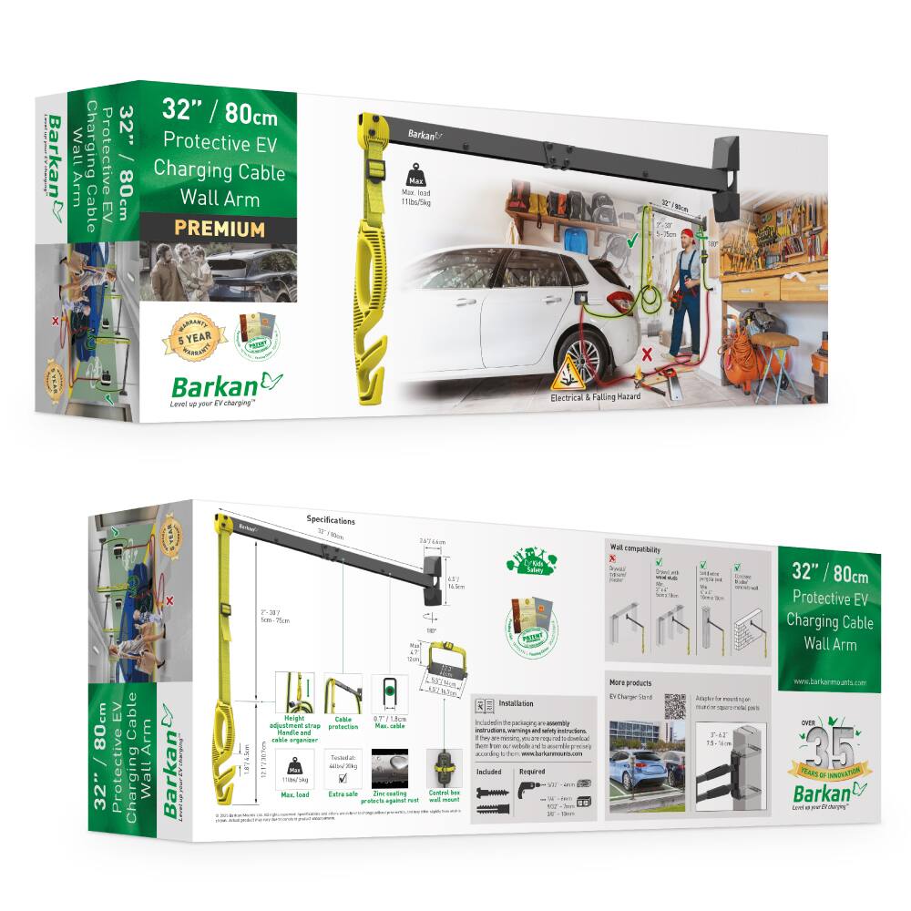 Barkan 32" / 80cm Protective EV Charging Cable Wall Arm

PREMIUM

5 YEAR WARRANTY

Level up your EV charging

Specifications:
- Max. Load: 11lbs/5kg
- Material: Zinc alloy
- Coating: Powder coating
- Cable organizer
- Adjustable cable length
- Extra safety: Protects against rat bites
- Wall compatibility: Various wall types

Installation:
- Includes instructions, warning and safety instructions, screws, and assembly tools

More products:
- EV Charger Stand

Wall compatibility:
- Various wall types

Electrical & Falling Hazard

Barkan
www.barkannmounts.com

OVER 35,000 Barkan