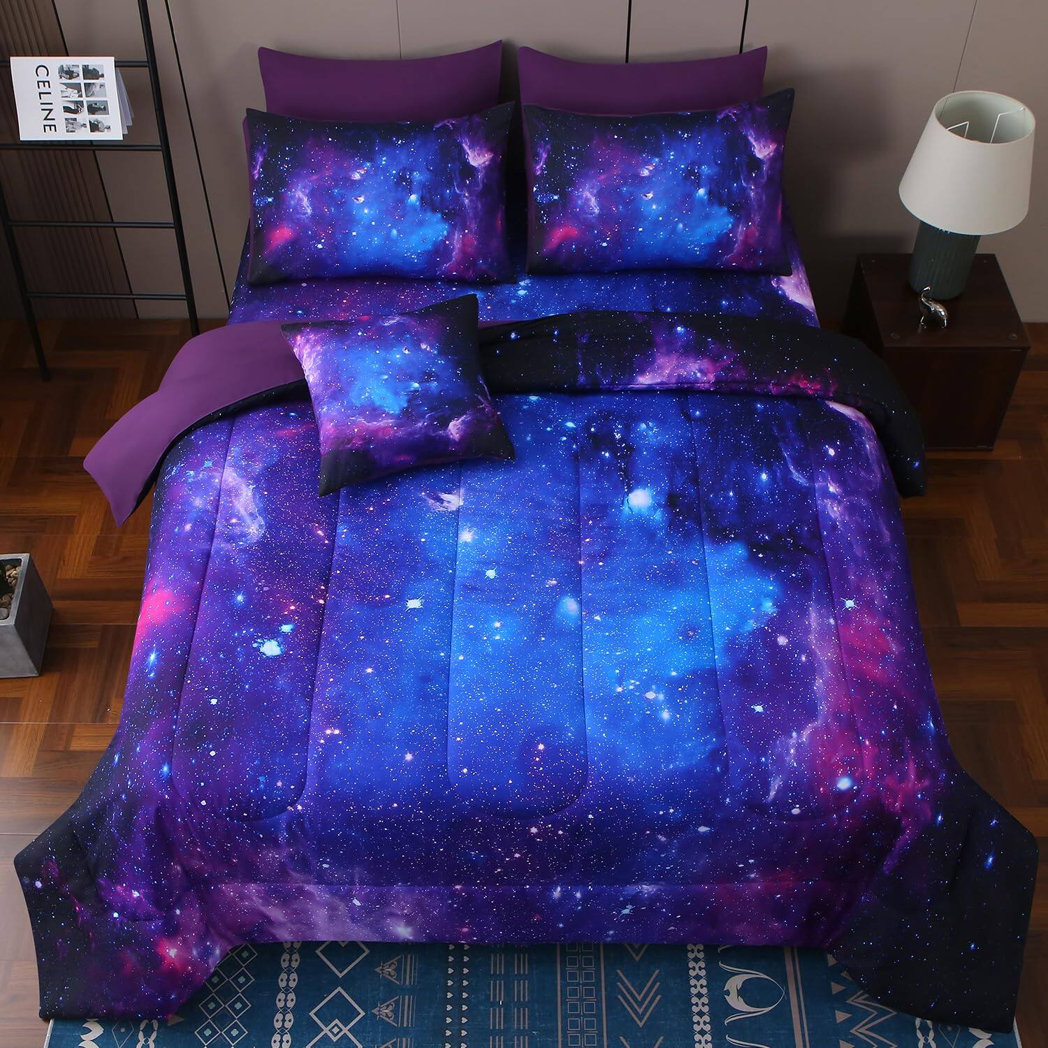 Alt View 2. Paradigms Interiors - Galaxy Comforter Sets Blanket 6 Piece Bed In A Bag 3d Outer Space Themed Bedding All-season Reversible Quil... - Blue Purple-Full(8pc).