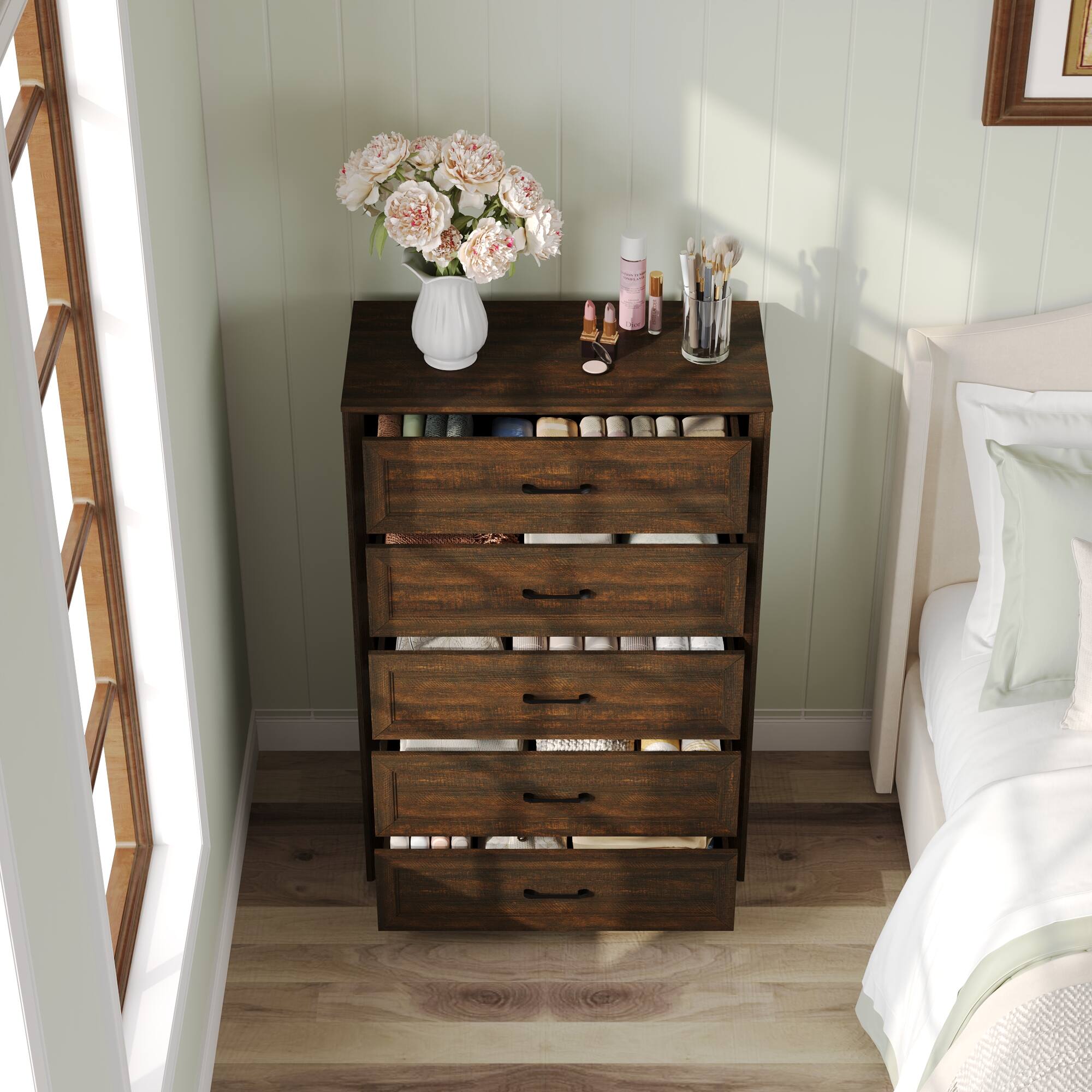 Angle. FUFU&GAGA - Vintage Dark Wood Grain 5-Drawer Dresser, Modern Minimalist Design, Eco-Friendly MDF, Perfect for Bedroom, Living Room - Brown.