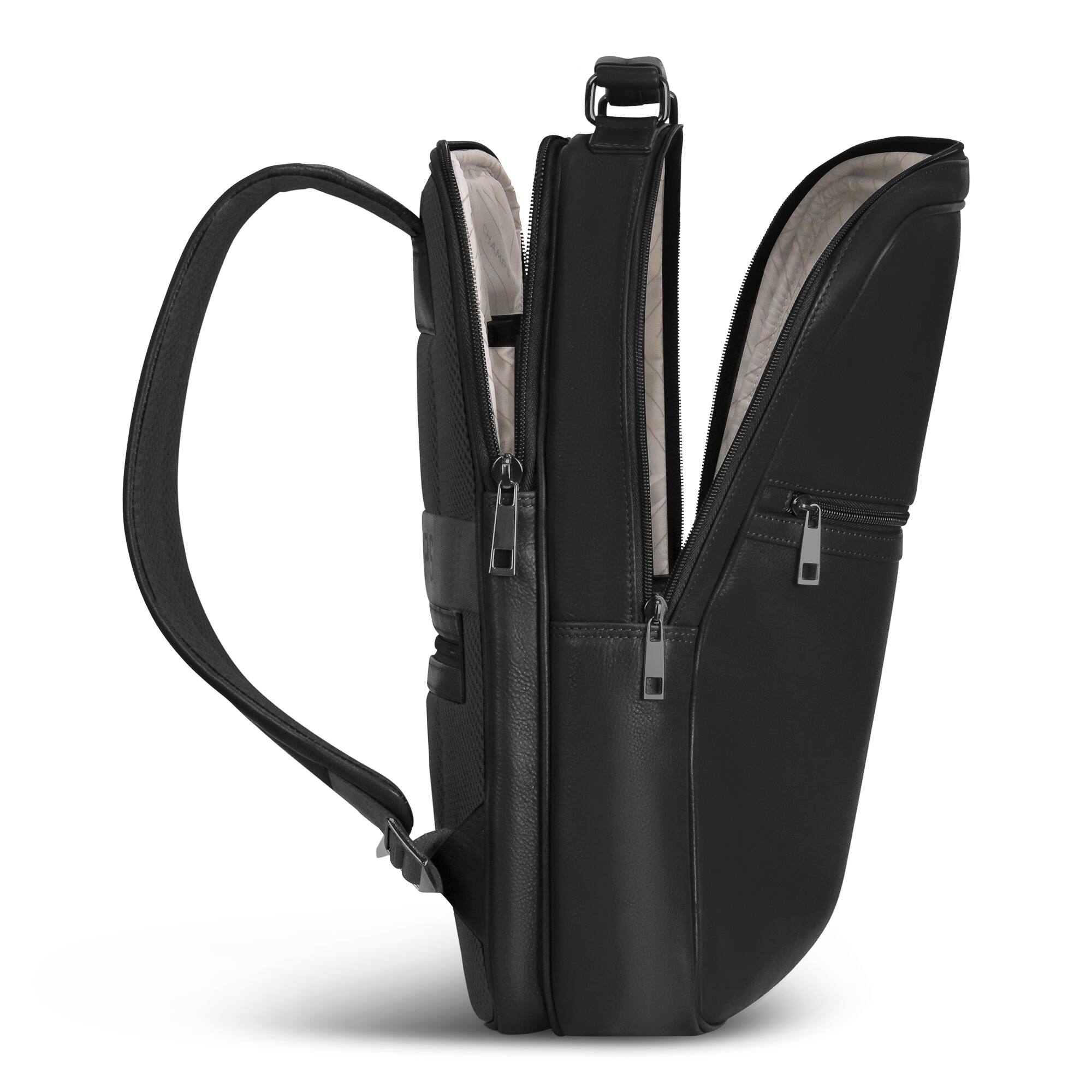 Angle. Champs - Onyx Collection - Leather Compact Laptop Backpack - Black.