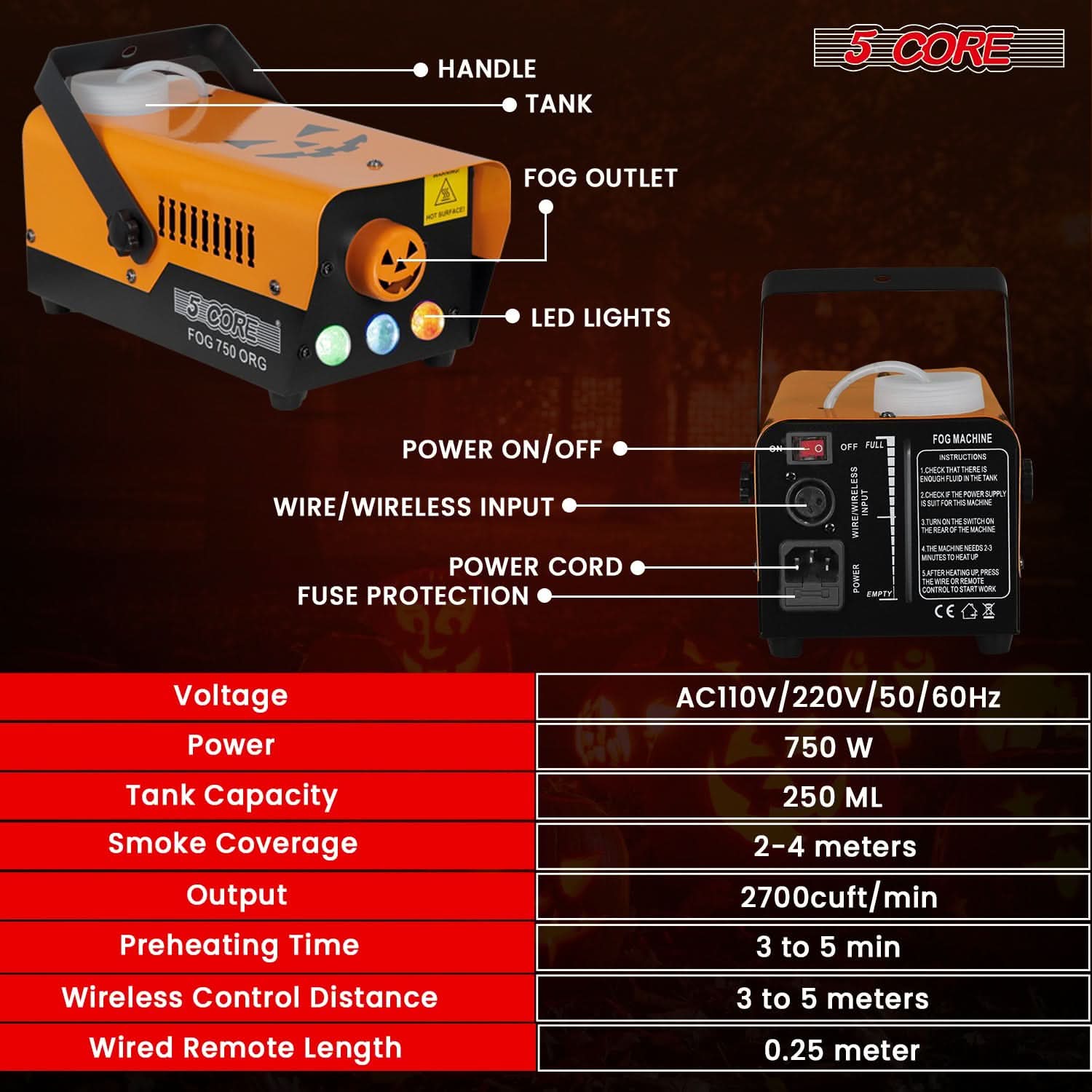 **5 CORE FOG MACHINE INSTRUCTIONS**

- HANDLE
- TANK
- FOG OUTLET
- LED LIGHTS
- POWER ON/OFF
- WIRE/WIRELESS INPUT
- POWER CORD
- FUSE PROTECTION

**Specifications:**

- Voltage: AC110V/220V/50/60Hz
- Power: 750 W
- Tank Capacity: 250 ML
- Smoke Coverage: 2-4 meters
- Output: 2700cuft/min
- Preheating Time: 3 to 5 min
- Wireless Control Distance: 3 to 5 meters
- Wired Remote Length: 0.25 meter

**Power On/Off**

**Wire/Wireless Input**

**Power Cord**

**Fuse Protection**

**5 CORE FOG 750.ORG**