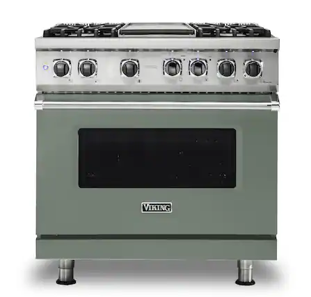 Front. Viking - 5-Series 5.6 Cu. Ft. Self-Cleaning Freestanding Dual Fuel Convection Range - 4 Burner - LP - Eucalyptus.
