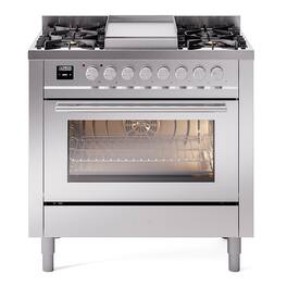 ILVE - Professional Plus II Series 36 in. Dual Fuel Range with 6 Sealed Burners + Griddle (Natural Gas, Satin Trim) - Stainless Steel