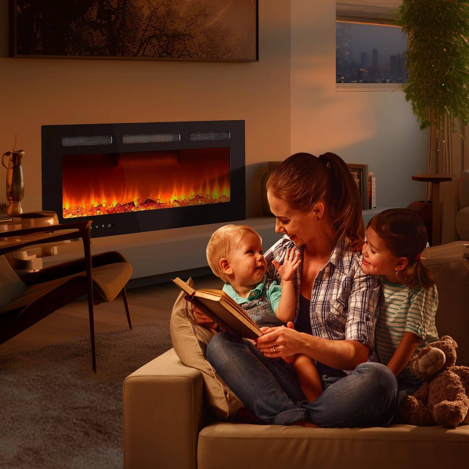 Back. Qeetex - 36" Electric Fireplace, Wall Mounted or Recessed, 750W/1500W, 12 Flame Colors, Remote & Touch Control - Black.