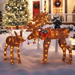 Costway - 2 PCS Lighted Moose Family Light-up Xmas Deer Decorations with 170 LED Lights Advent Calendar - Brown