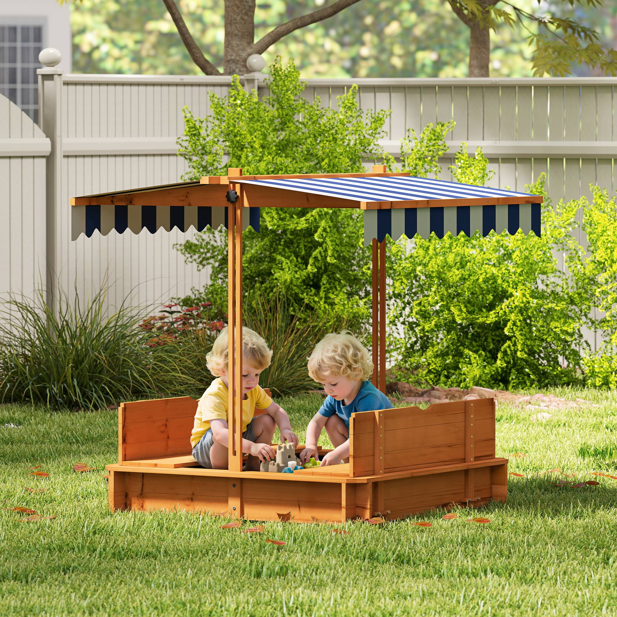 Angle. Outsunny - Wooden Sandbox with Lid, Kids Sandbox with Canopy Outdoor, Sand Box with Foldable Bench Seats and Sand Protection.