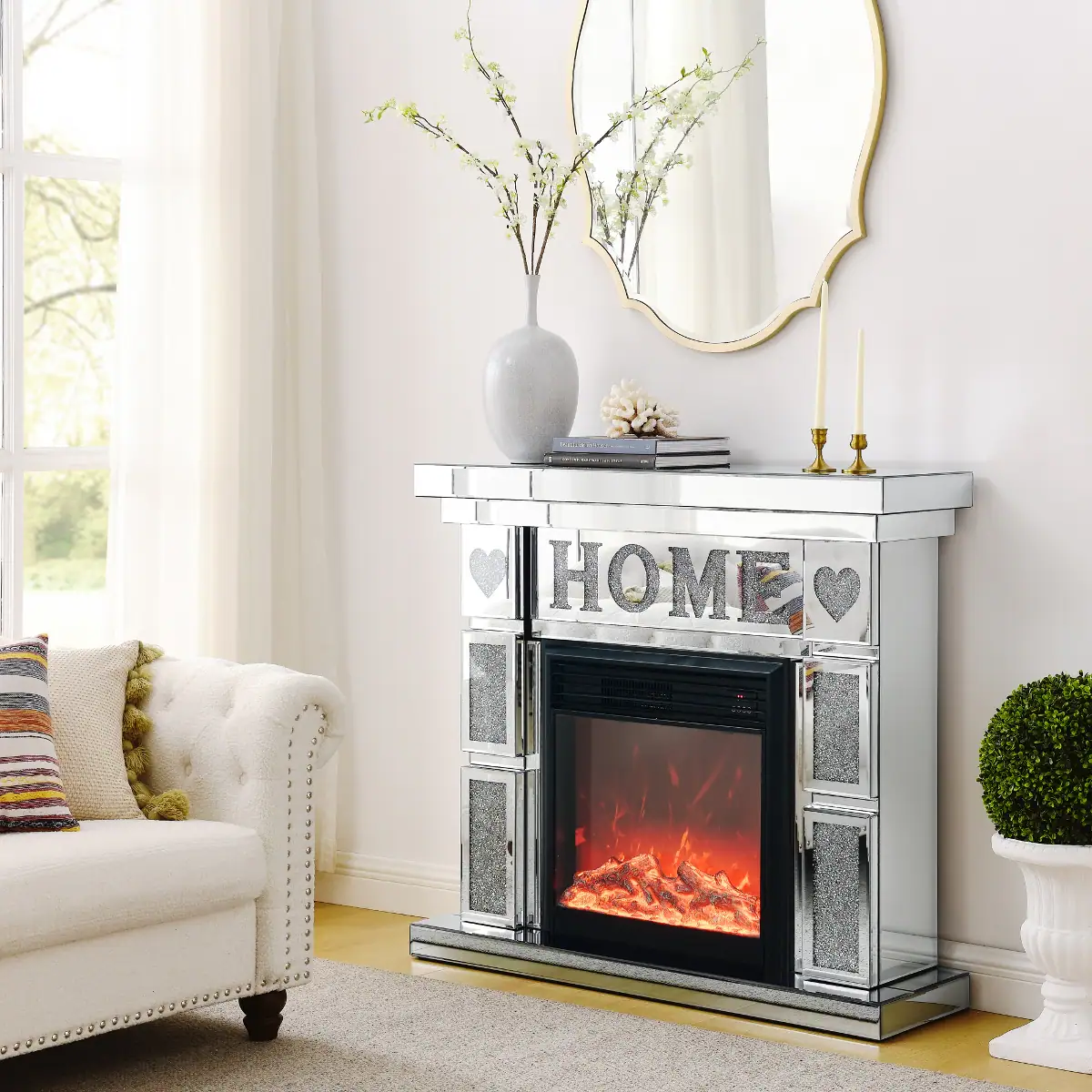 Front. Loheer - Loheer 46" Acrylic Diamond Mirror Fireplace Cabinet Freestanding Electric Fireplace Silver - Silver.
