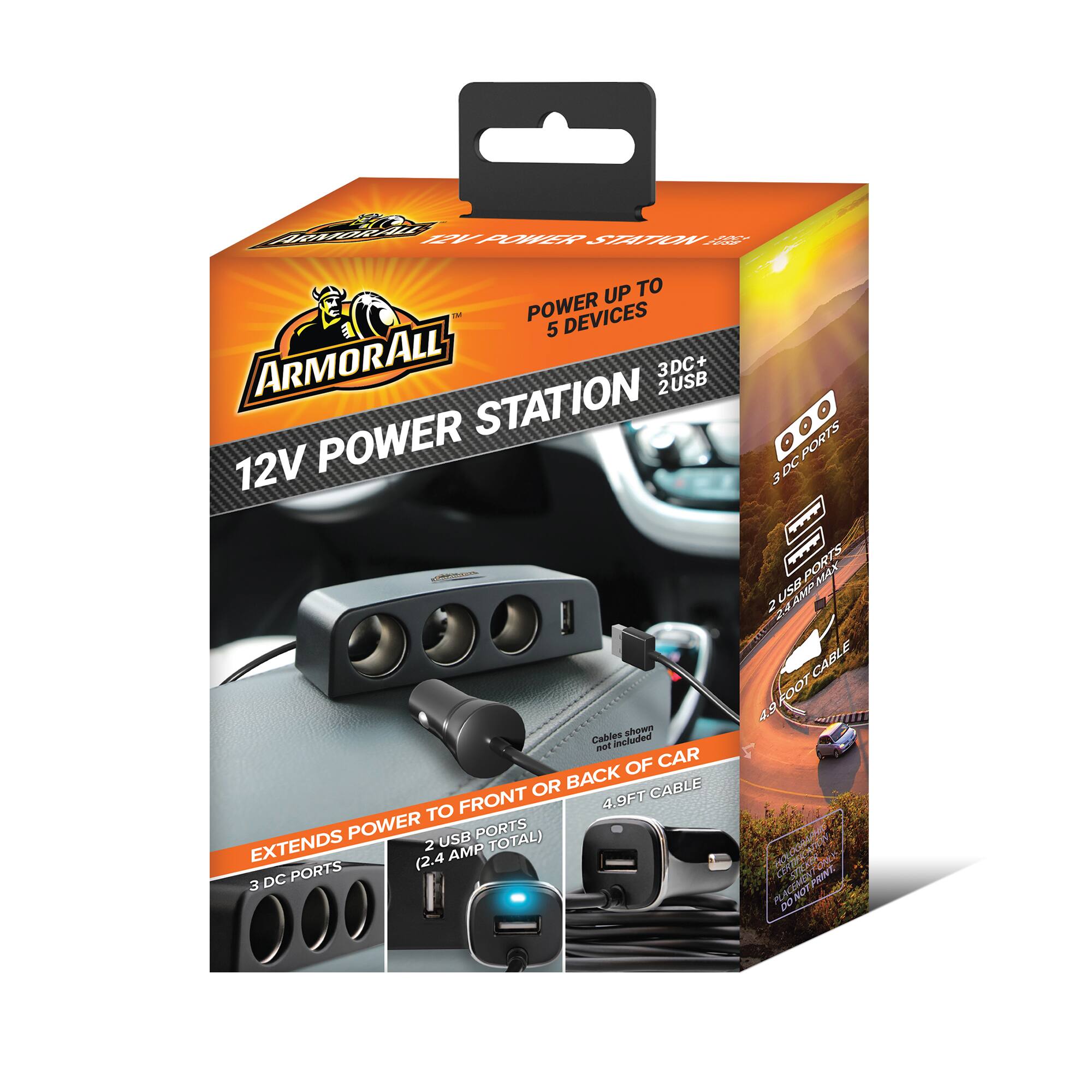 ARMORALL 12V POWER STATION

POWER UP TO 5 DEVICES

3DC+ 2USB

EXTENDS POWER TO FRONT OR BACK OF CAR

2 USB PORTS (2.4 AMP TOTAL)

3 DC PORTS

4.9FT CABLE

Cables shown included

DO NOT PLACE