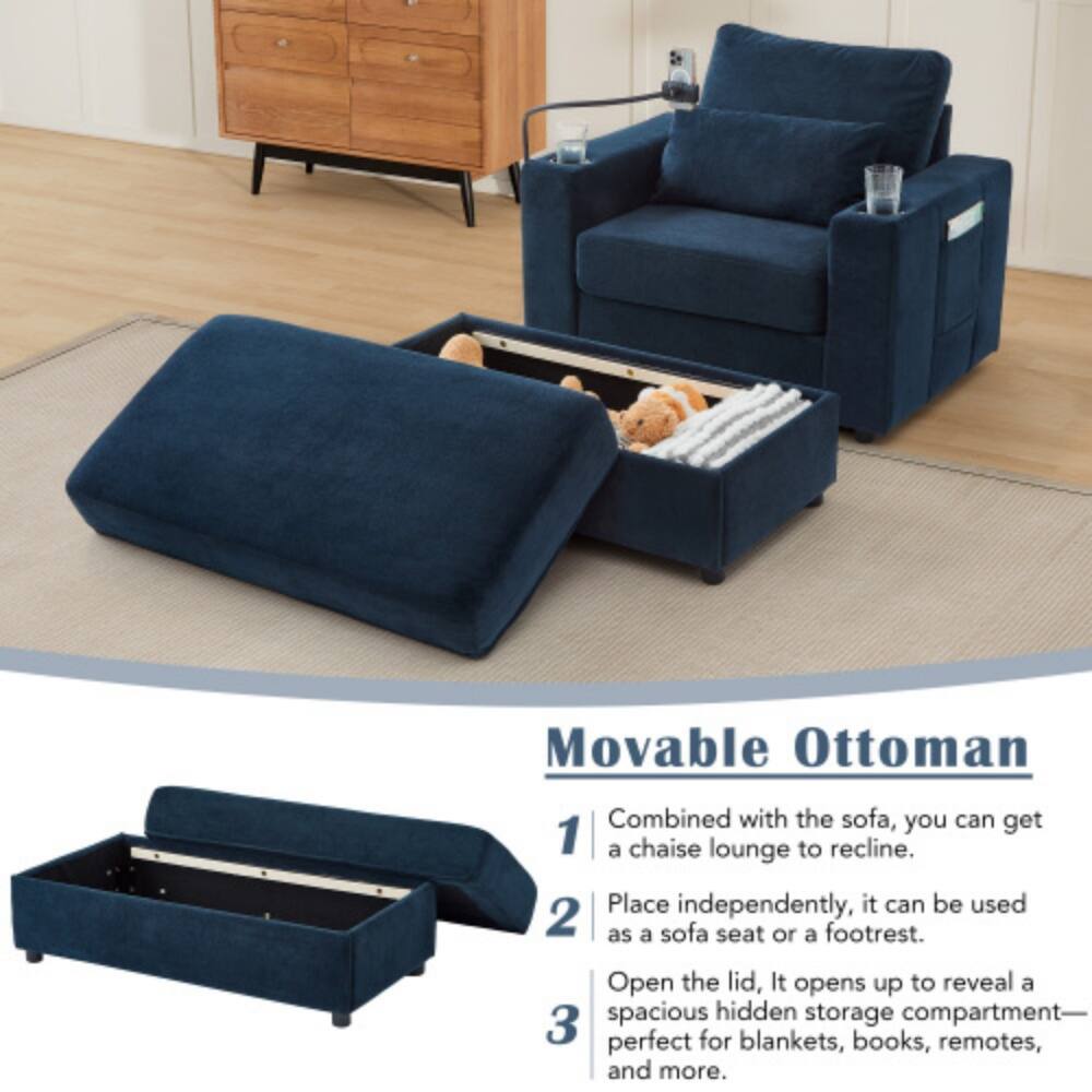 Movable Ottoman

1. Combined with the sofa, you can get a chaise lounge to recline.
2. Place independently, it can be used as a sofa seat or a footrest.
3. Open the lid, it opens up to reveal a spacious hidden storage compartment—perfect for blankets, books, remotes, and more.