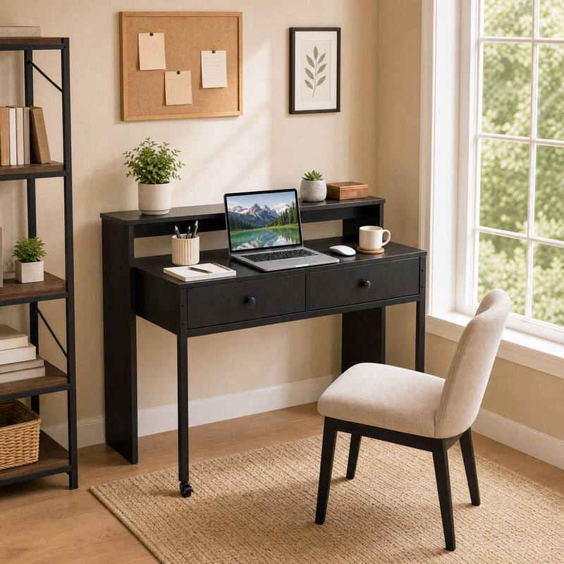 Angle. WELLFOR - Extendable Computer Desk with 2 Drawers, Home Office Desk with Pull Out Secondary Desk  for Study,Working,Writing - Black.