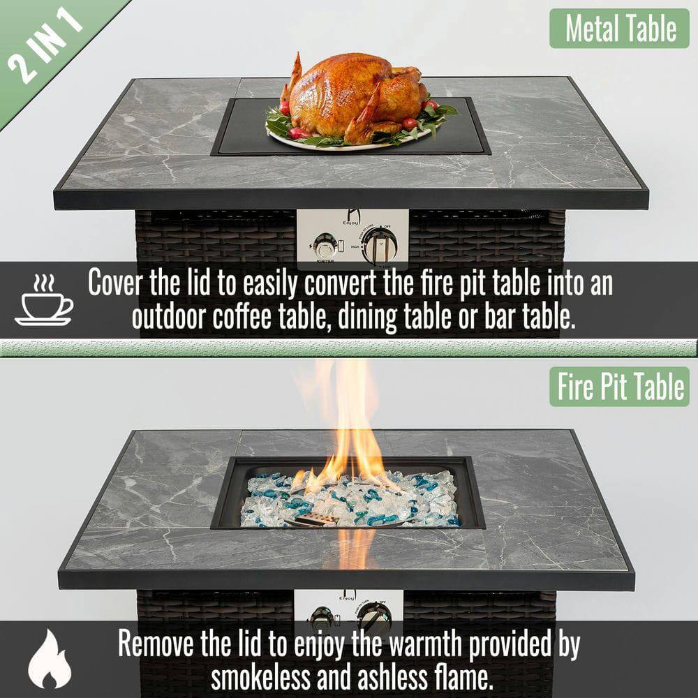 2 IN 1

Metal Table

Cover the lid to easily convert the fire pit table into an outdoor coffee table, dining table, or bar table.

Fire Pit Table

Remove the lid to enjoy the warmth provided by smokeless and ashless flame.