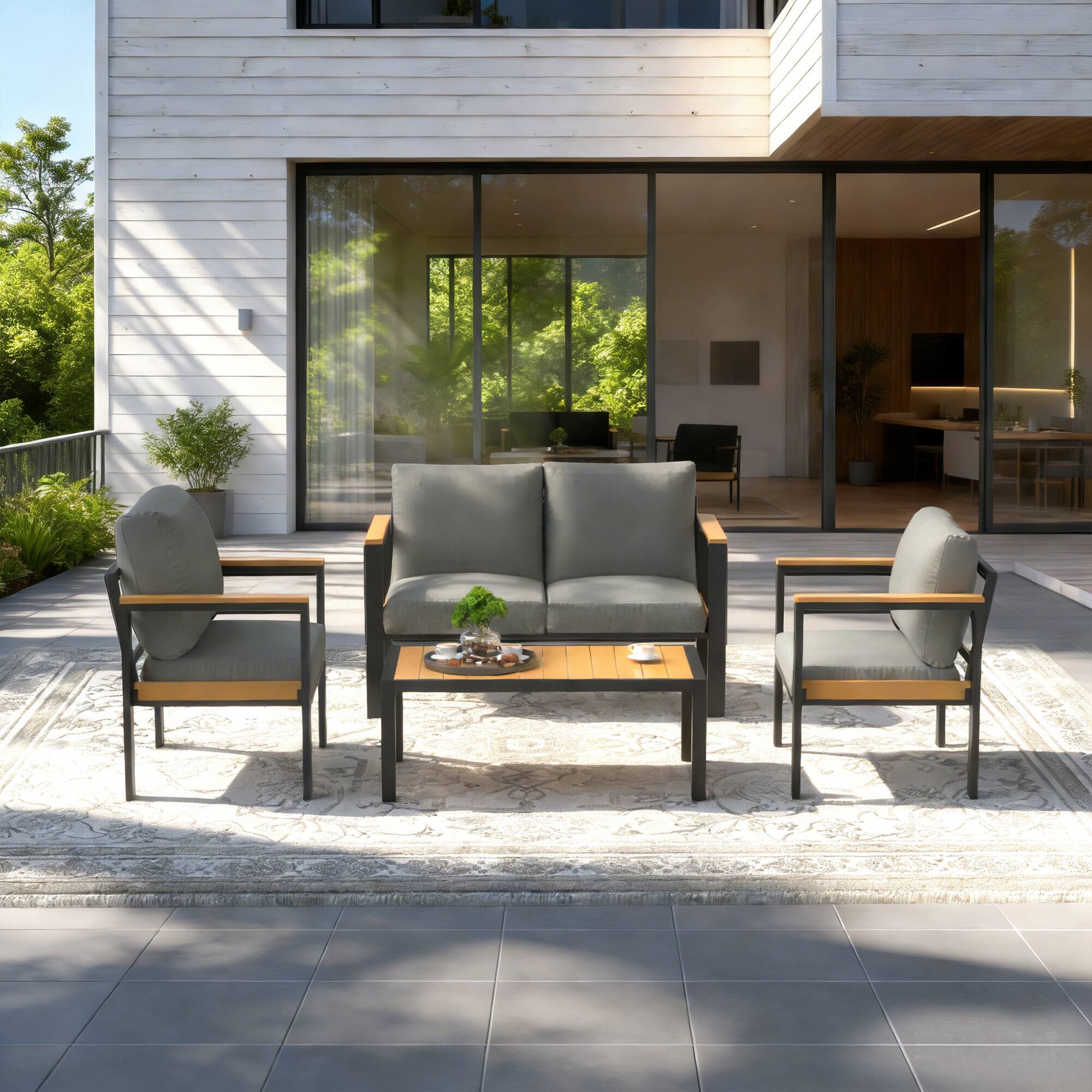 Angle. U-HOMY - Outdoor Patio Furniture Set: 4-Piece Aluminum Conversation Group with Table, All-Weather - Grey.