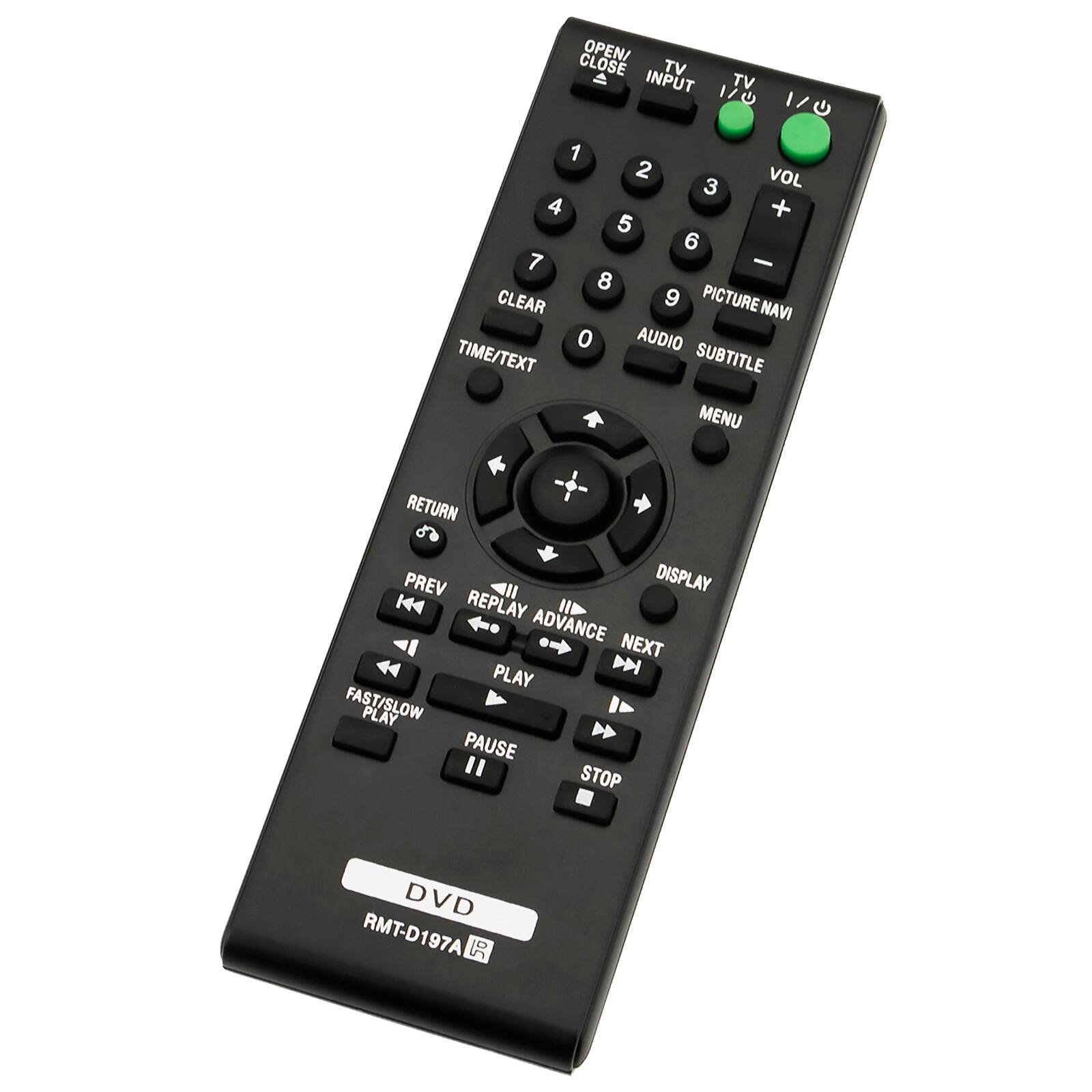 OPEN/CLOSE TV  
INPUT TV 1/0 1/0  
I G 1 2 VOL 3 4 + 5 6 7 - 8 CLEAR 9 PICTURE NAVI 0 AUDIO TIME/TEXT SUBTITLE MENU RETURN PREV II DISPLAY K4 REPLAY ADVANCE NEXT PLAY D FAST/SLOW PLAY PAUSE " STOP DVD  
RMT-D197A