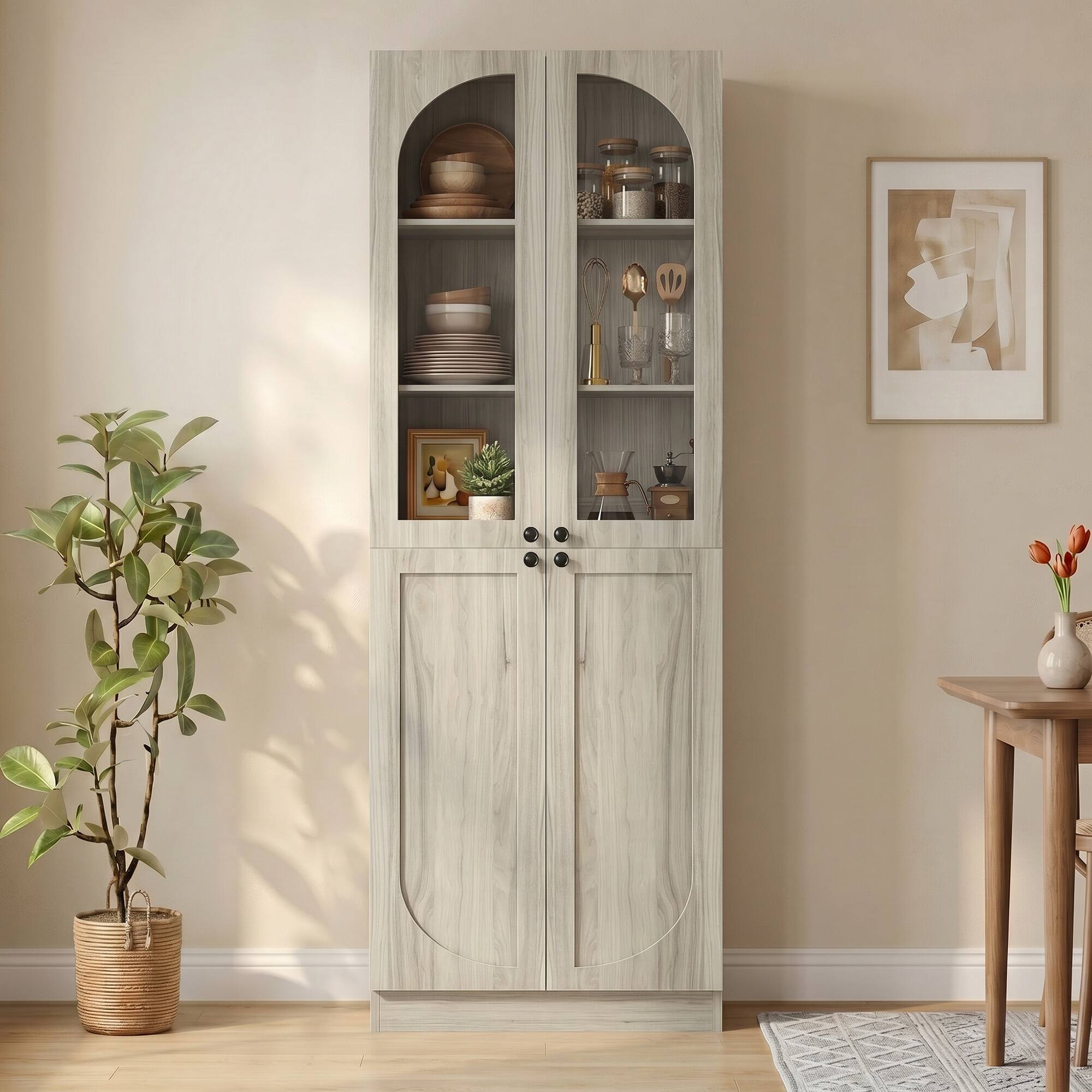 Alt View 2. Aheaplus - 80'' Tall Bathroom Storage Cabinet, 6-Tier Linen Cabinet with Glass Doors and Adjustable Shelves - Wash Gray.