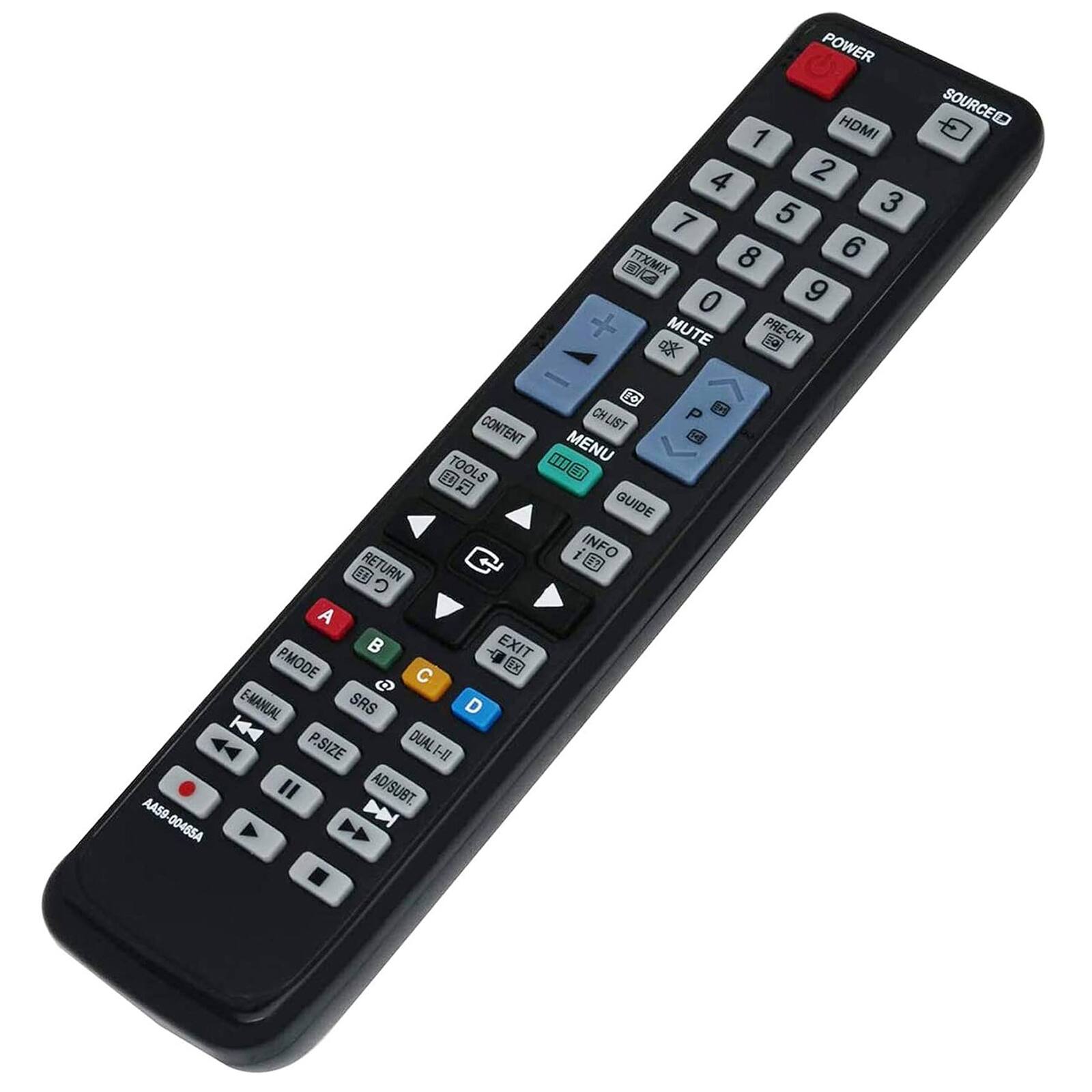 POWER  
HDMI  
SOURCE  
1 2 3 4 5 6 7 8 9 0  
TTX/MIX  
MUTE  
PRE-CH  
CH LIST  
MENU  
GUIDE  
INFO  
RETURN  
TOOLS  
E-MANUAL  
P.MODE  
SRS  
P.SIZE  
DUAL-II  
AD/SUBT  
A B C D  
EXIT  
AA50 00455A