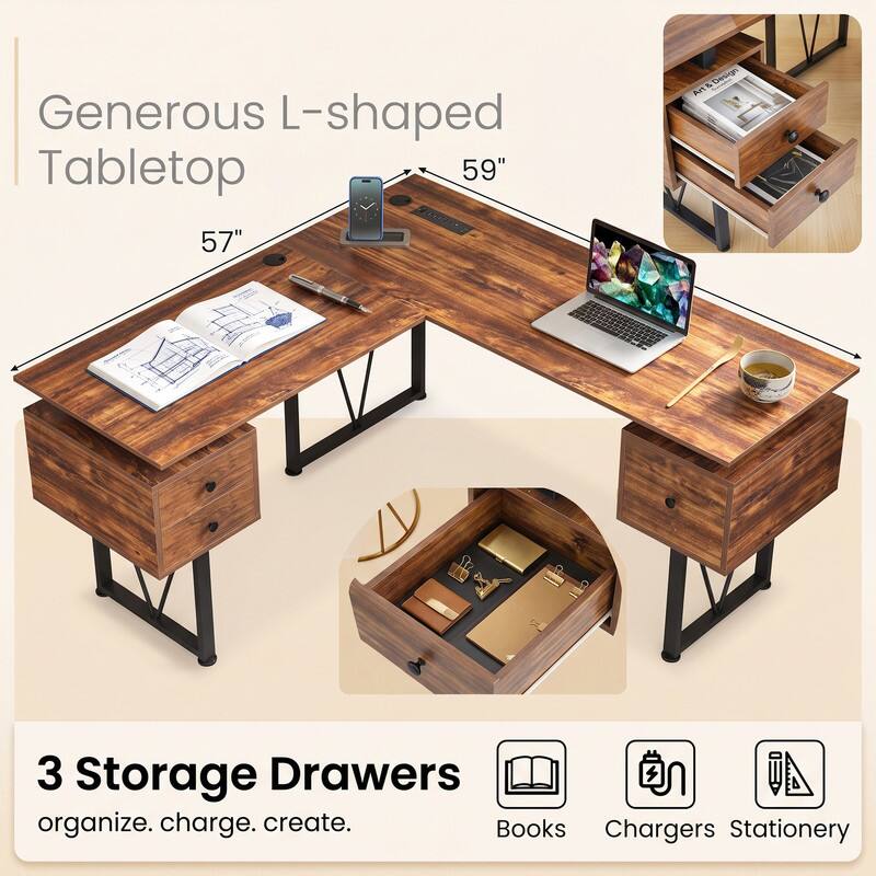 Generous L-shaped Tabletop 59" 57"  
3 Storage Drawers  
organize. charge. create.  
Books Chargers Stationery