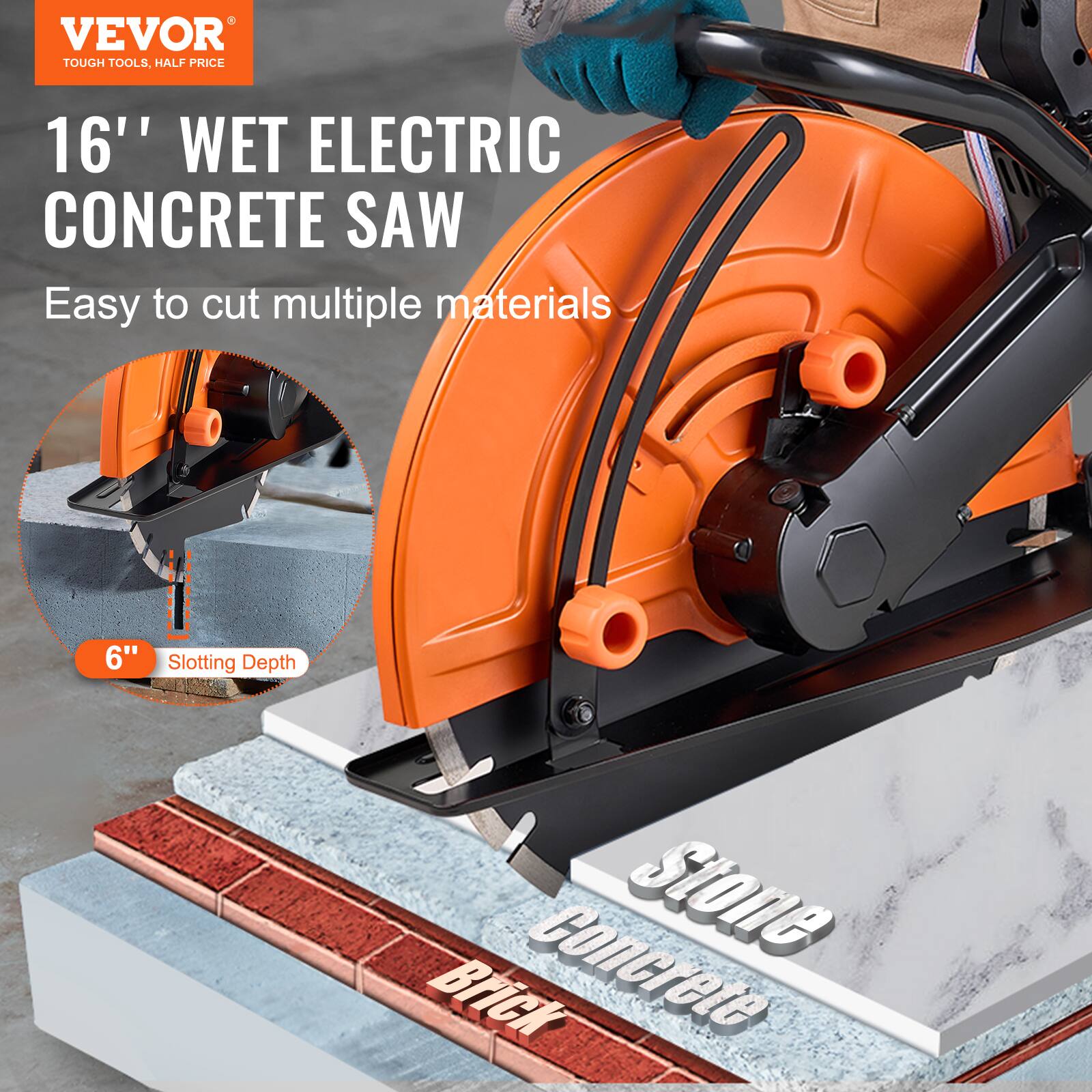 VEVOR TOUGH TOOLS, HALF PRICE

16" WET ELECTRIC CONCRETE SAW
Easy to cut multiple materials

6" Slotting Depth

Concrete Stone Brick