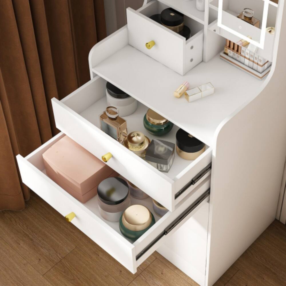 Alt View 4. LUCKY ONE - 3-in-1 Dressing Table with LED Mirror, 4 Drawers, Storage Cabinet, Open Bookshelf and Hidden Stool - White.