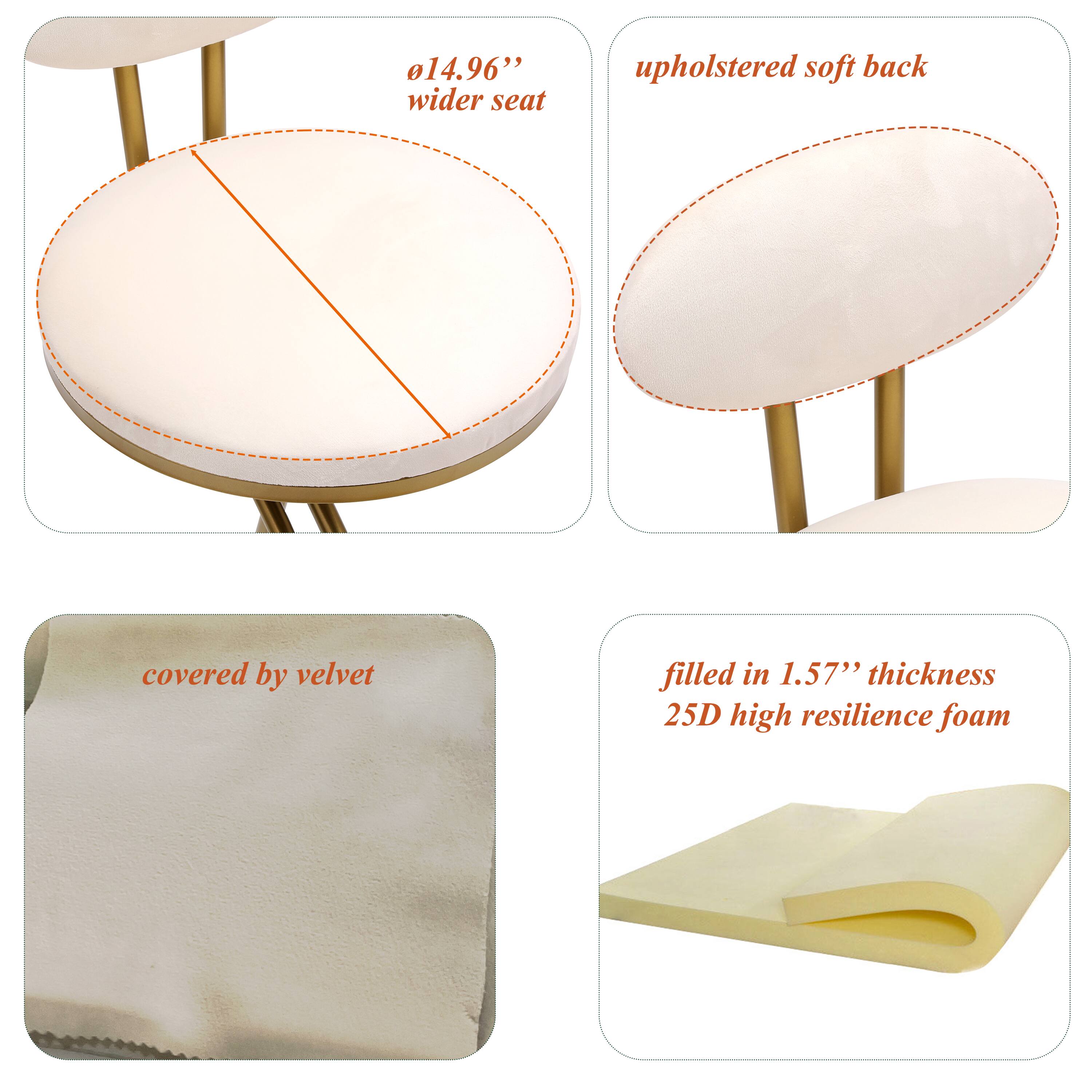- 14.96" wider seat
- upholstered soft back
- covered by velvet
- filled in 1.57" thickness
- 25D high resilience foam