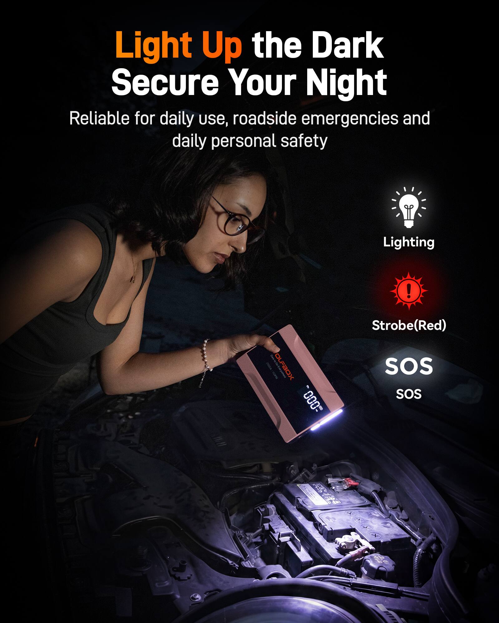 Light Up the Dark  
Secure Your Night  

Reliable for daily use, roadside emergencies and daily personal safety  

Lighting  
Strobe(Red)  
SOS  
SOS