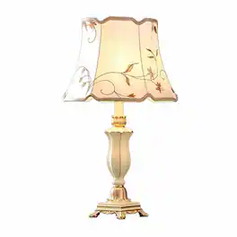 RYHNUYNE - Floral Gauze Table Lamp with Resin Base Vintage Farmhouse Nightstand Lighting - Beige