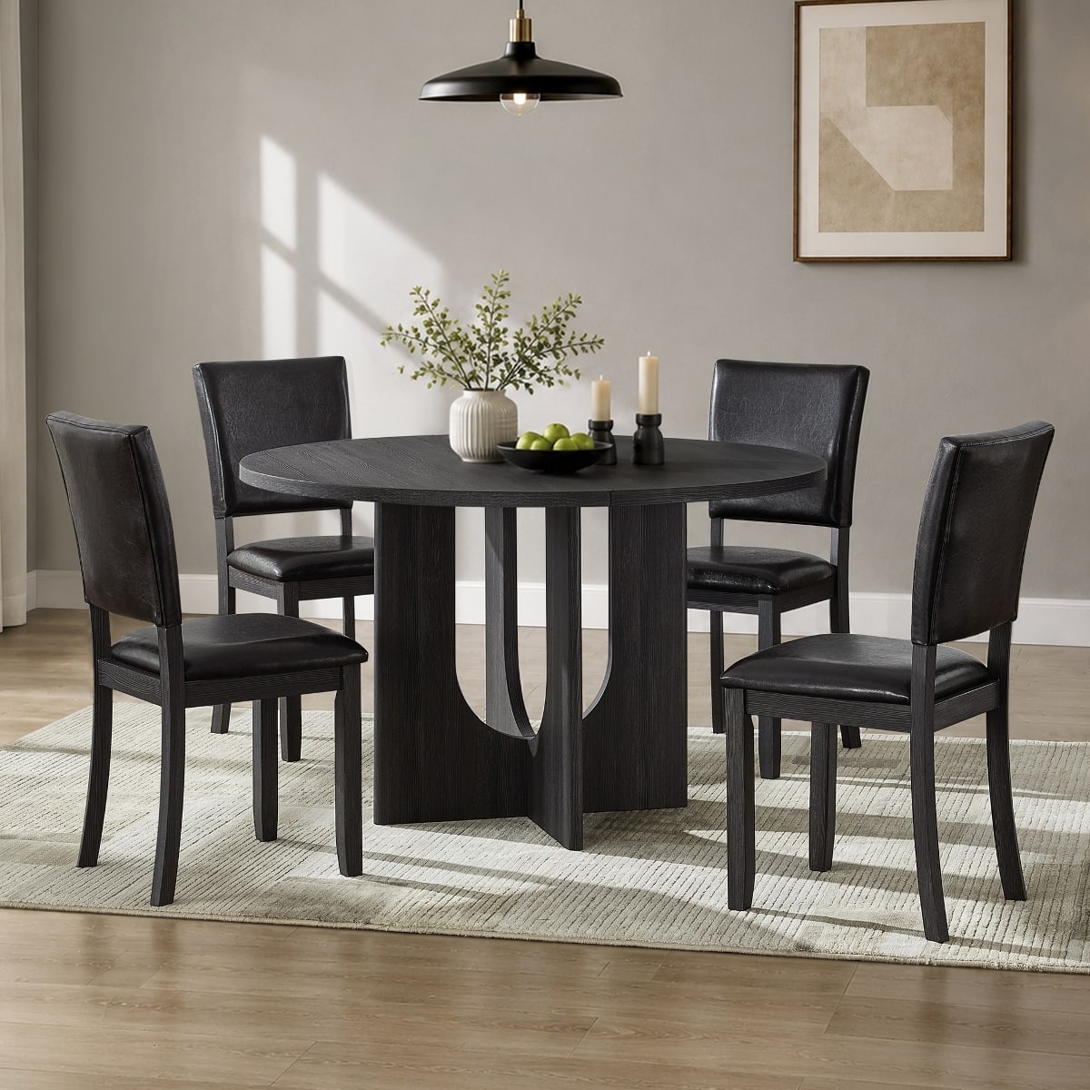 Loheer - 5-Piece Round Dining Table Set for 4, 47.3-Inch Modern Kitchen Set with PU Leather Chairs - Antique black table with dark brown PU chairs