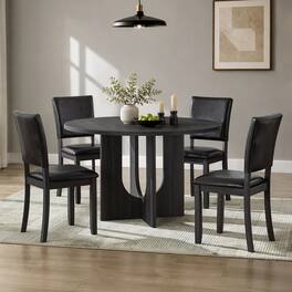 Loheer - 5-Piece Round Dining Table Set for 4, 47.3-Inch Modern Kitchen Set with PU Leather Chairs - Antique black table with dark brown PU chairs