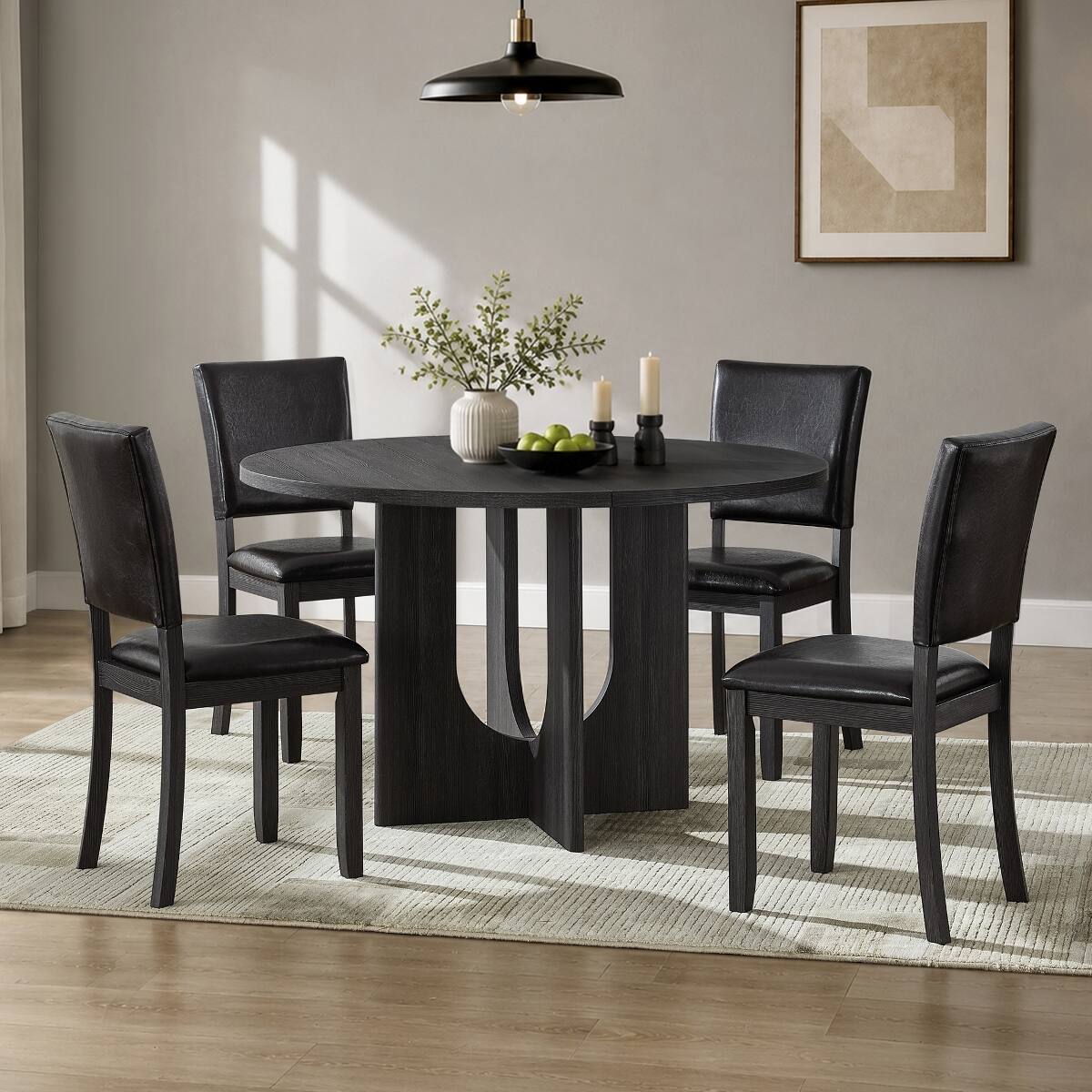 Front. Loheer - Loheer 5-Piece Round Dining Table Set for 4, 47.3-Inch Modern Kitchen Set with PU Leather Chairs - Antique black table with dark brown PU chairs.
