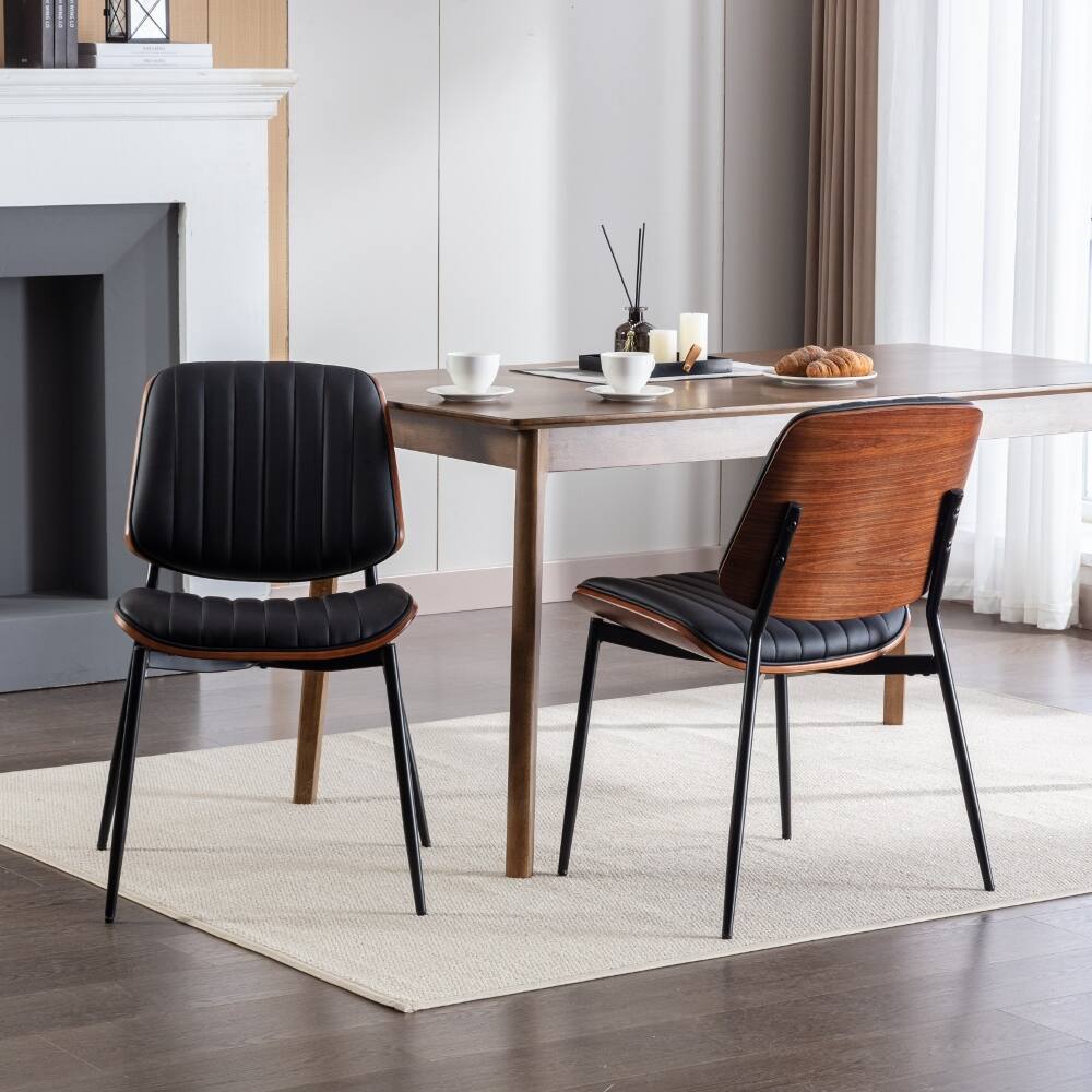 Alt View 10. Loheer - Loheer Mid Century Modern Dining Chairs Set of 2 Walnut Bentwood Black Faux Leather - Black.