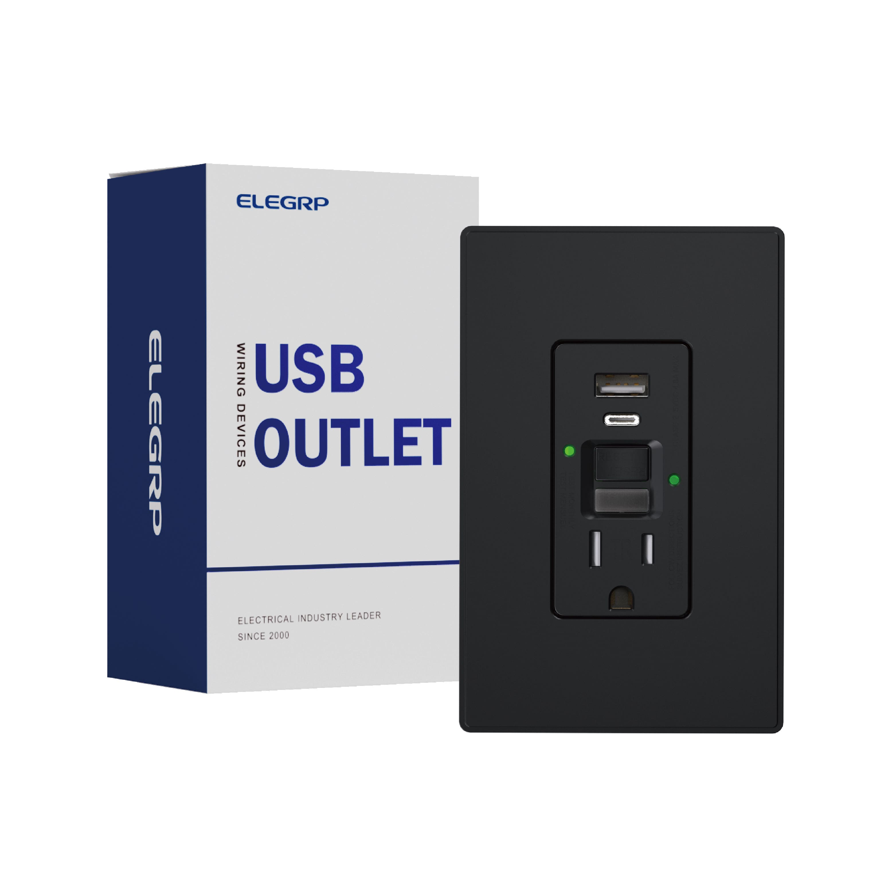 ELEGRP - 15A GFCI Outlet & 24W USB Receptacle(A+C Ports)w/Night Light and Wall Plate, TR, UL & CUL Listed, 1 pack - Black