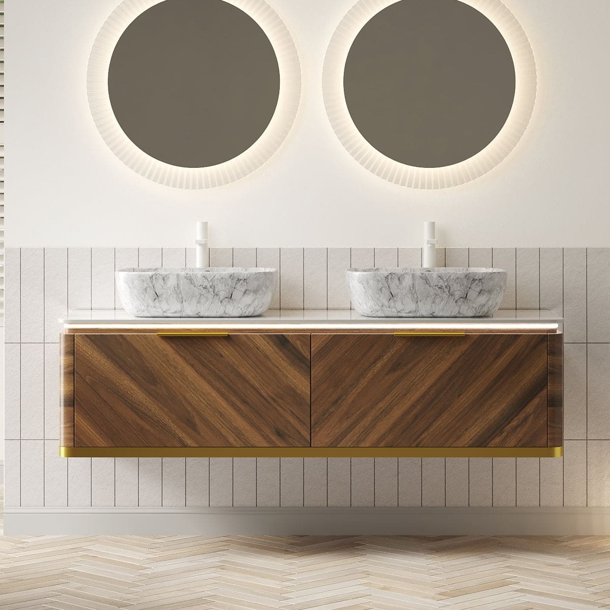 Boyel Living - 60 Bathroom Vanity with 2 Drawers Sensor Light 2 Marble Pattern Ceramic Vessel Basins Sintered Stone Dark Walnut - Carrara White,Dark Walnut,Stone White