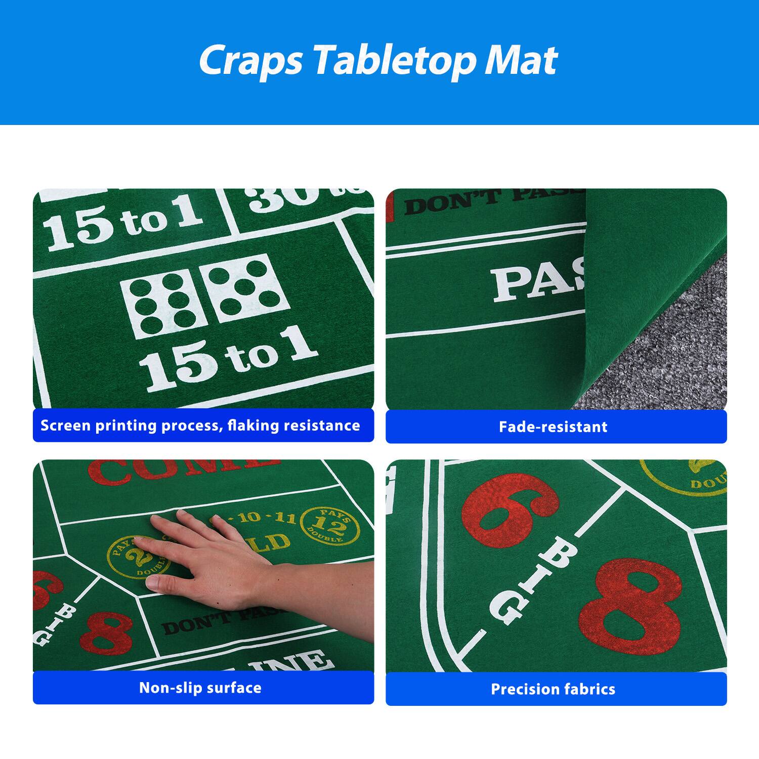 Craps Tabletop Mat

Screen printing process, flaking resistance
Fade-resistant
Non-slip surface
Precision fabrics