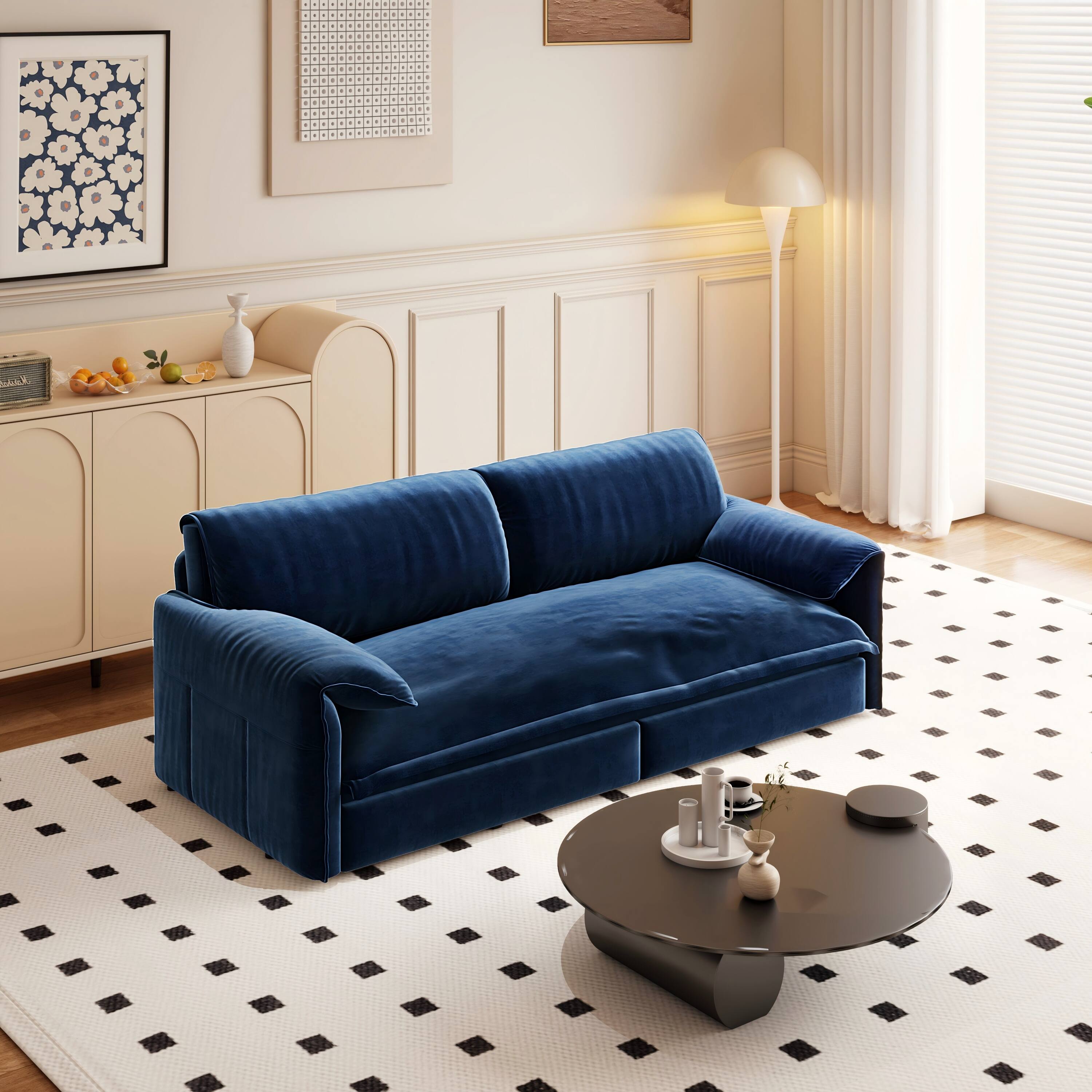 Angle. Anysun - 66" 3-in-1 Velvet Pull-Out Sofa Bed - Queen Sleeper with Side Storage for Living Room, Bedroom, Apartment & Office. - Blue.