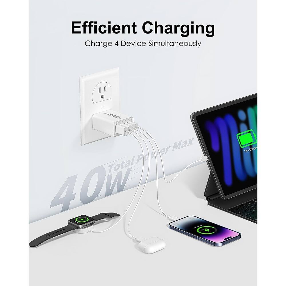 Efficient Charging  
Charge 4 Devices Simultaneously  

Total Power Max 40W  

75% Charged