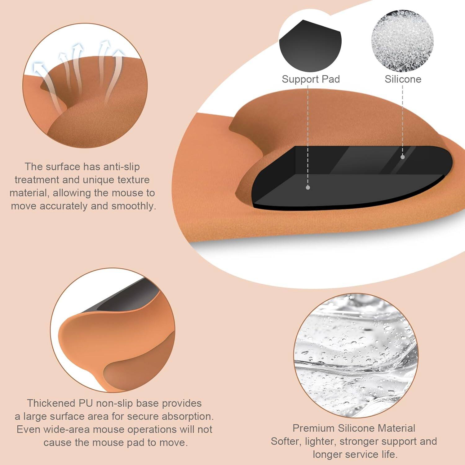 Support Pad Silicone

The surface has anti-slip treatment and unique texture material, allowing the mouse to move accurately and smoothly.

Thickened PU non-slip base provides a large surface area for secure absorption. Even wide-area mouse operations will not cause the mouse pad to move.

Premium Silicone Material
Softer, lighter, stronger support and longer service life.
