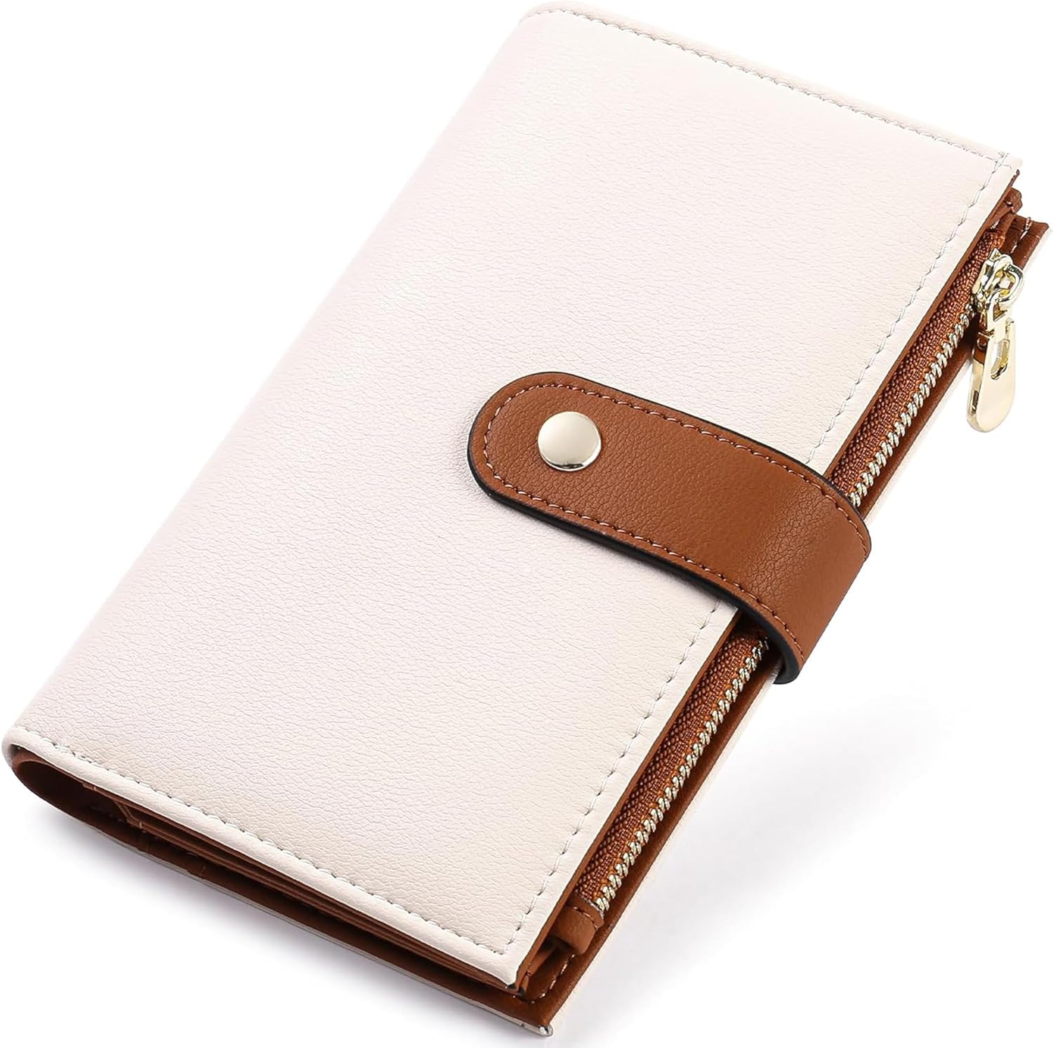 Front. ZUQIETA - ZUQIETA RFID Blocking Leather Wallet for Women - Trifold Travel Clutch Purse with Credit Card Holder & Pen Slot - Beige&Brown.