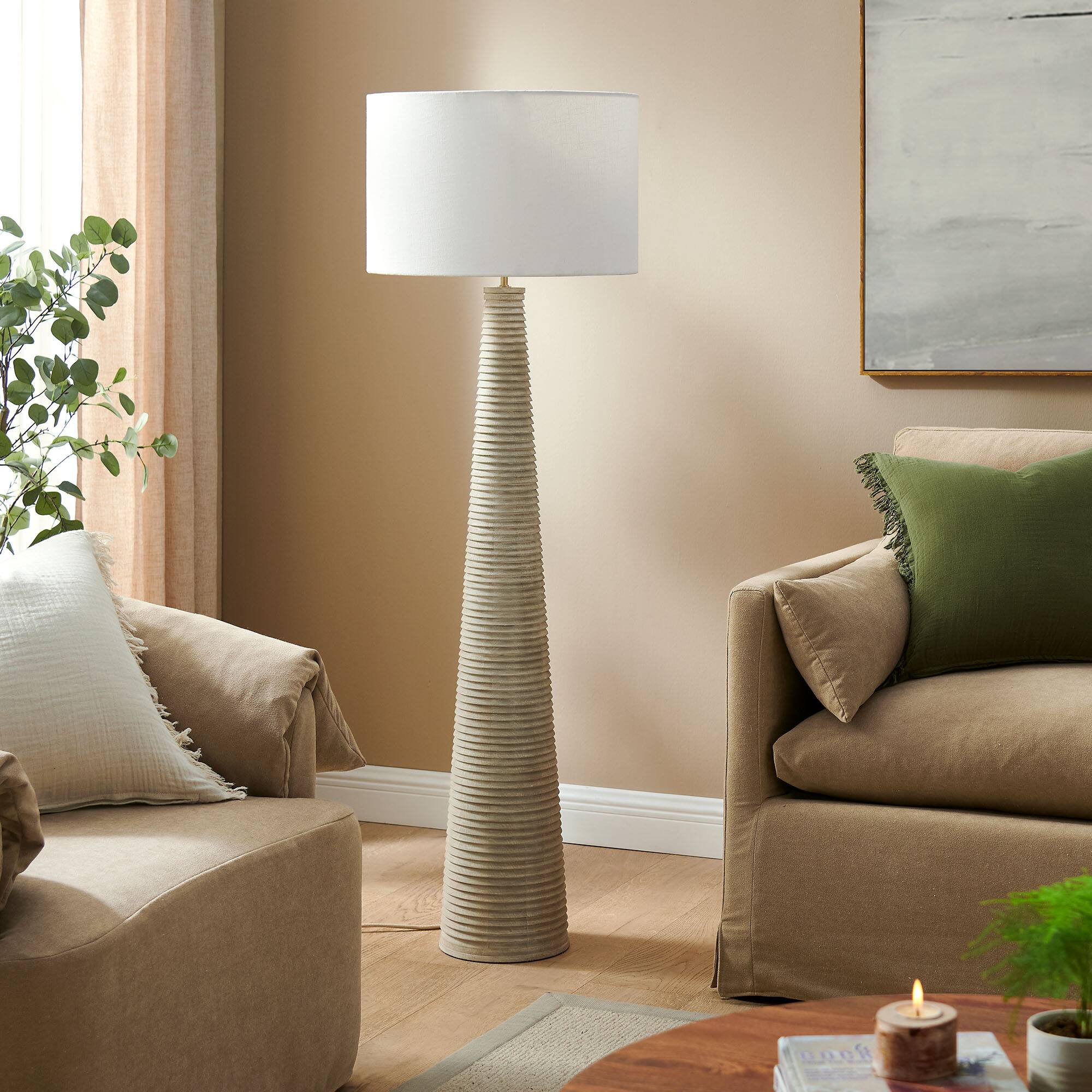 Front. Modway - Saylor Carved Ribbed Wood Floor Lamp With Drum Shade by Modway - White Gray.