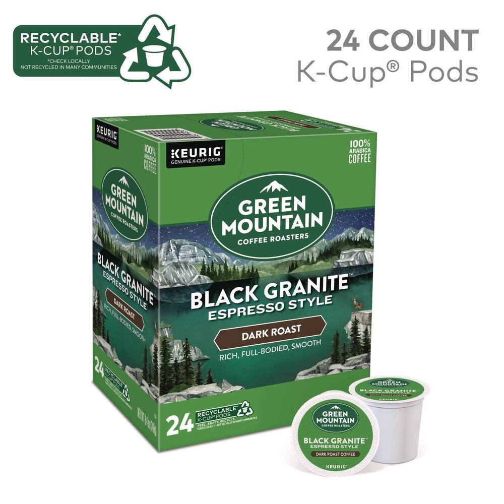 RECYCLABLE* K-CUP® PODS  
CHECK LOCALLY  
NOT RECYCLED IN MANY COMMUNITIES  

24 COUNT K-Cup® Pods  

100% ARABICA COFFEE  
100% KEURIG® GENUINE K-CUP® PODS  

GREEN MOUNTAIN COFFEE ROASTERS  
BLACK GRANITE ESPRESSO STYLE  
DARK ROAST  
RICH, FULL-BODIED, SMOOTH  

RECYCLABLE K-CUP® PODS