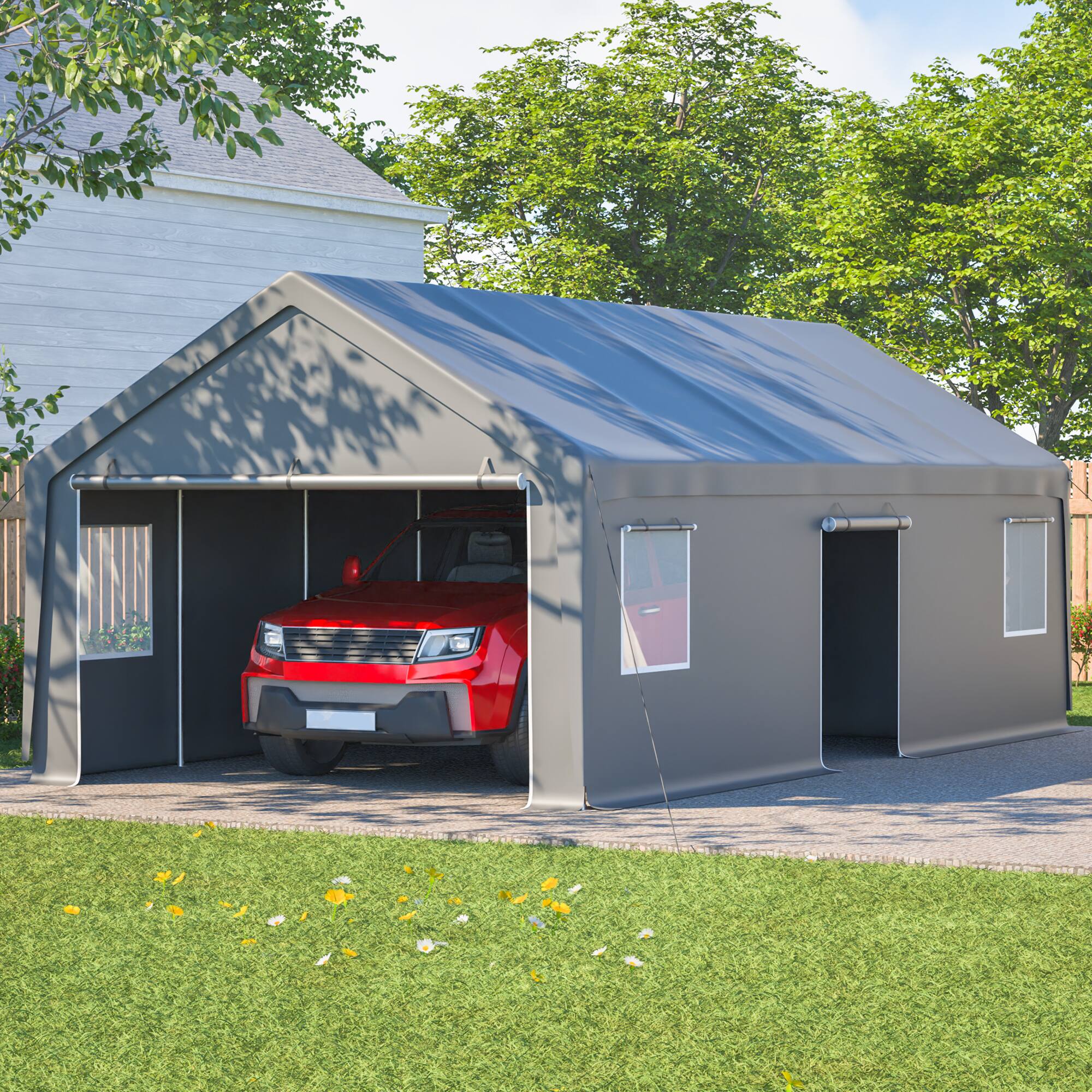 Angle. Mondawe - 13x26 FT Carport Canopy with 2 Roll-Up Doors and 1 Side Door, Removable End Walls & Windows - Gray.