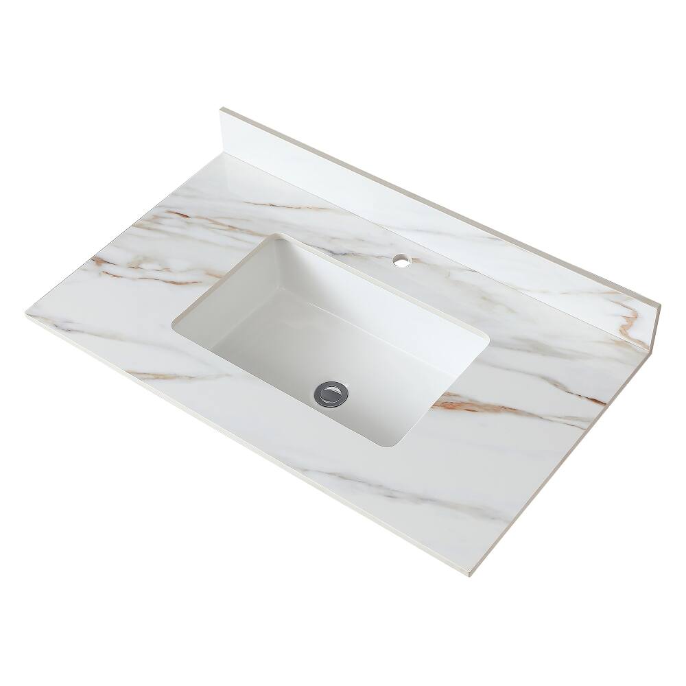 Left. Loheer - Loheer 37 inch marble vanity top Carrara white with veins - White.