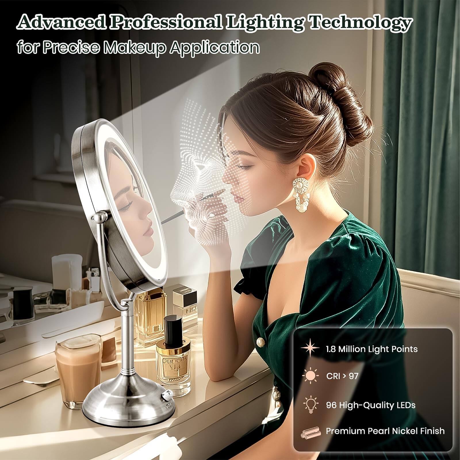 Advanced Professional Lighting Technology for Precise Makeup Application

- 1.8 Million Light Points
- CRI > 97
- 96 High-Quality LEDs
- Premium Pearl Nickel Finish