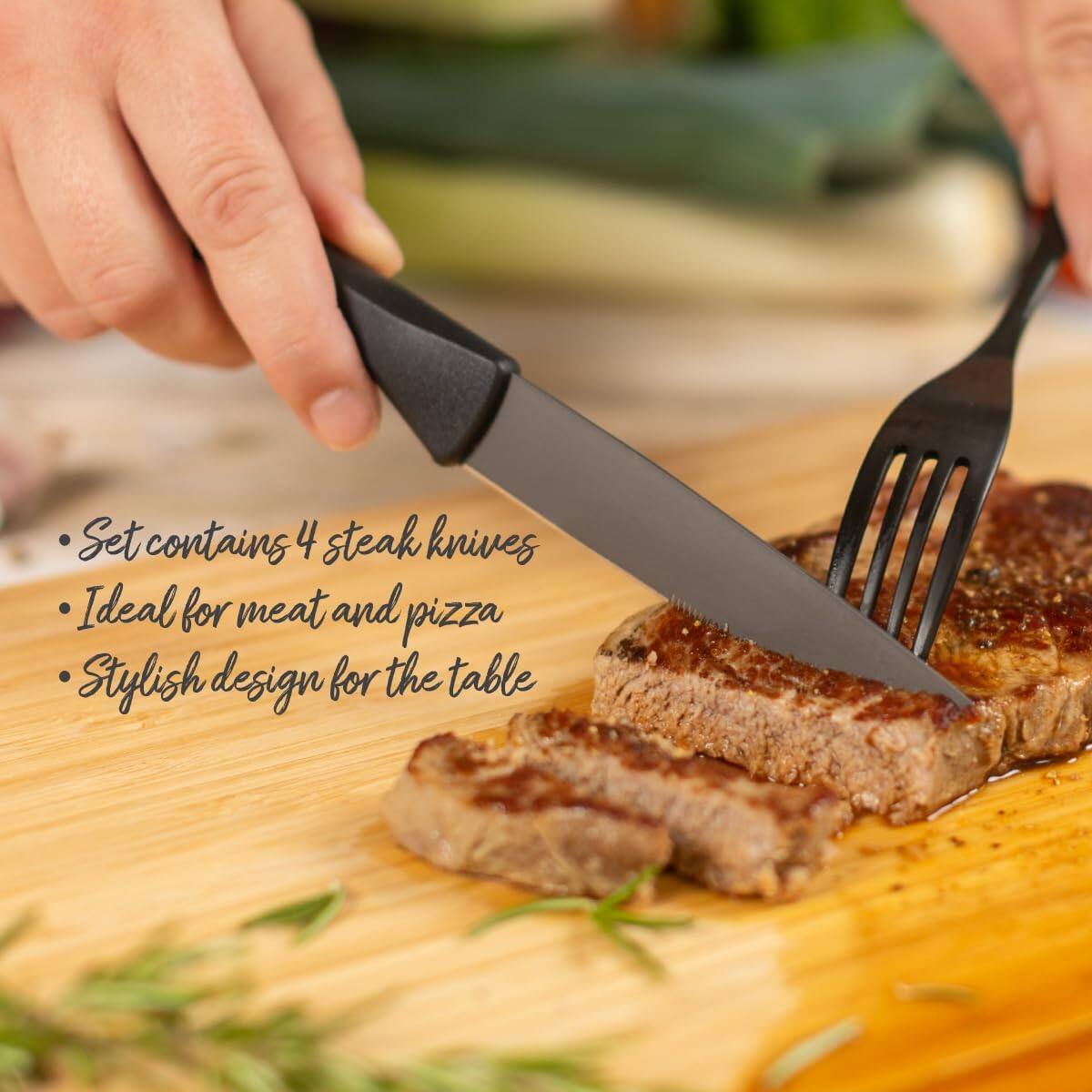 Set contains 4 steak knives  
Ideal for meat and pizza  
Stylish design for the table