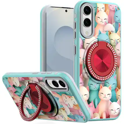 Front. Kitcheniva - Floral Design Ring Stand Case With Tempered Glass For Samsung S25 Edge Cats - Cats.