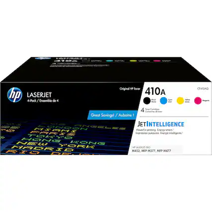 Original HP Toner CF410A LASERJET 410A hp 4-Pack / Ensemble de 4
Nuire Black Cian Cyan Jaune Jaune Magenta 4 Toner Cartridges Cartouches de toner
Great Savings! / Aubaine !
JETINTELLIGENCE
Powerful smart printing. Energy smart.
Impression puissante. Énergie intelligente.
HP LASERJET PRO M452, MFP M377, MFP M477