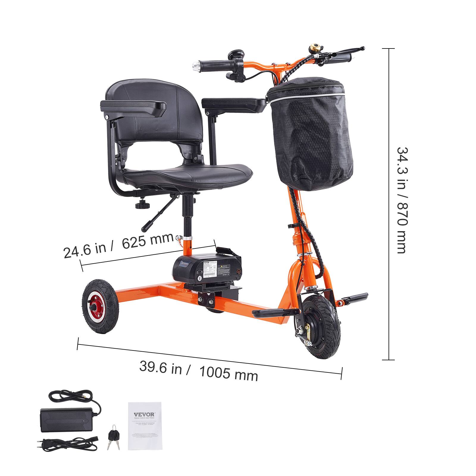 34.3 in / 870 mm  
24.6 in / 625 mm  
39.6 in / 1005 mm  

VEVOR